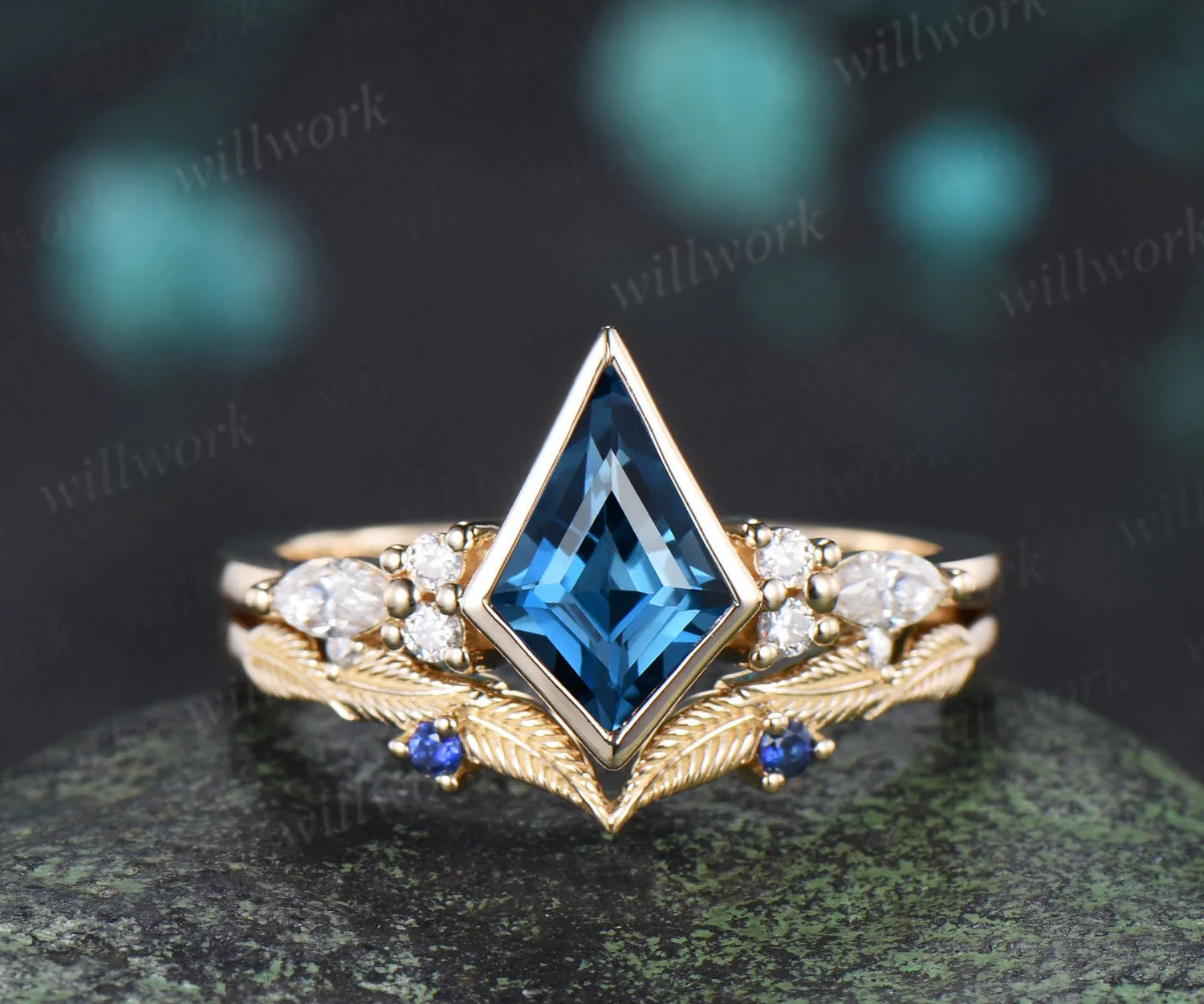 Kite cut London blue topaz engagement ring bezel setting seven stone ring leaf sapphire matching band bridal set sold by Willwork Jewelry