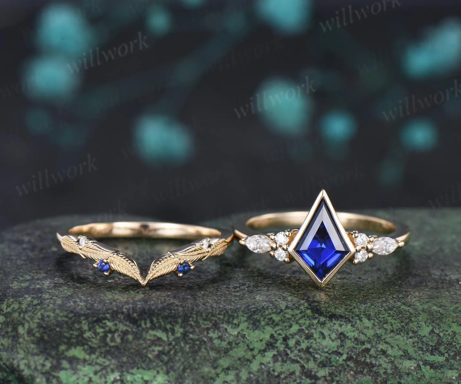 Bezel blue sapphire engagement ring leaf cluster moissanite stacking promise wedding ring set retro jewelry sold by Willwork Jewelry product image thumbnail 4