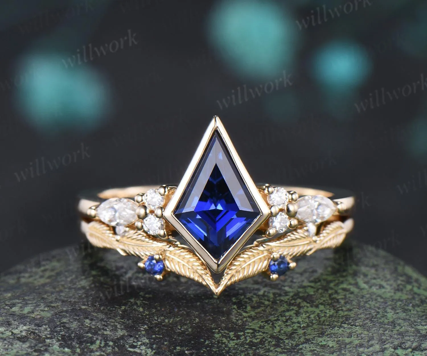 Bezel blue sapphire engagement ring leaf cluster moissanite stacking promise wedding ring set retro jewelry sold by Willwork Jewelry