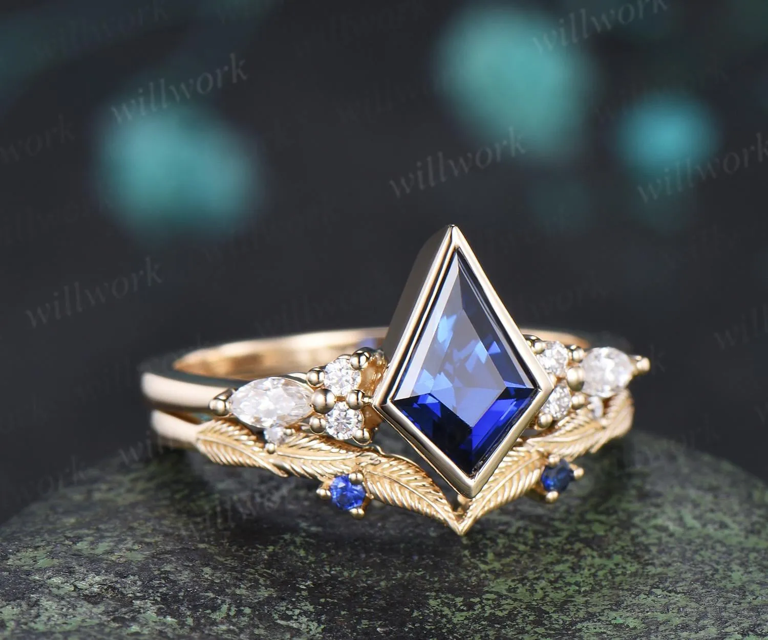 Bezel blue sapphire engagement ring leaf cluster moissanite stacking promise wedding ring set retro jewelry sold by Willwork Jewelry product image thumbnail 3