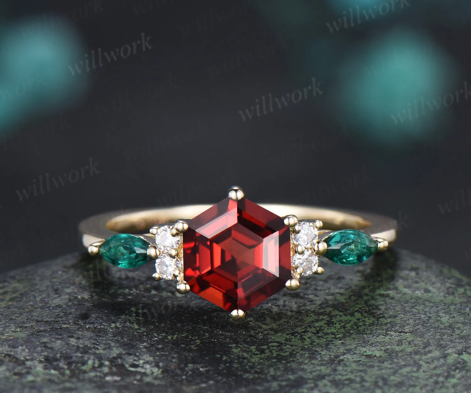 Hexagon cut ruby engagement ring set emerald moissanite seven stones ring minimalist princess cut ruby band bridal set sold by Willwork Jewelry product image thumbnail 4
