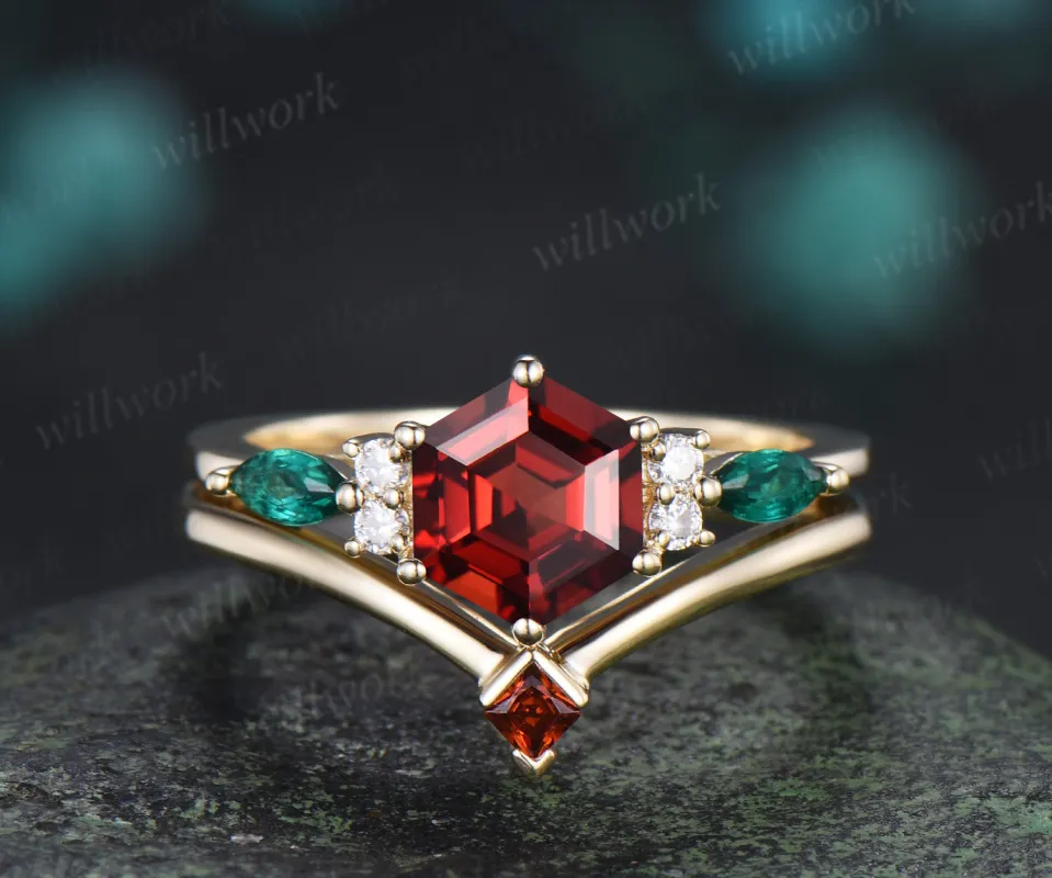 Hexagon cut ruby engagement ring set emerald moissanite seven stones ring minimalist princess cut ruby band bridal set made by Willwork Jewelry