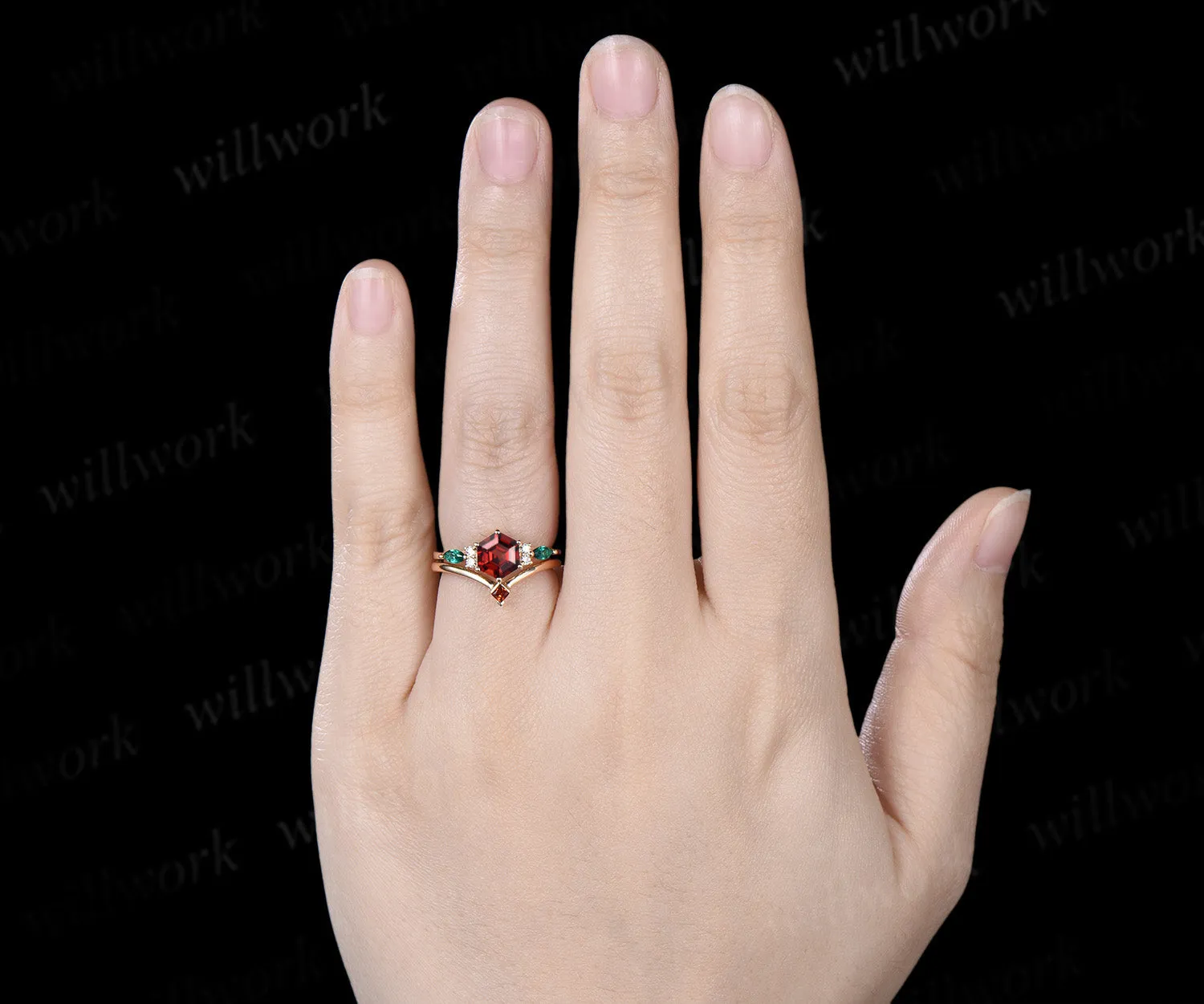 Hexagon cut ruby engagement ring set emerald moissanite seven stones ring minimalist princess cut ruby band bridal set sold by Willwork Jewelry product image thumbnail 2