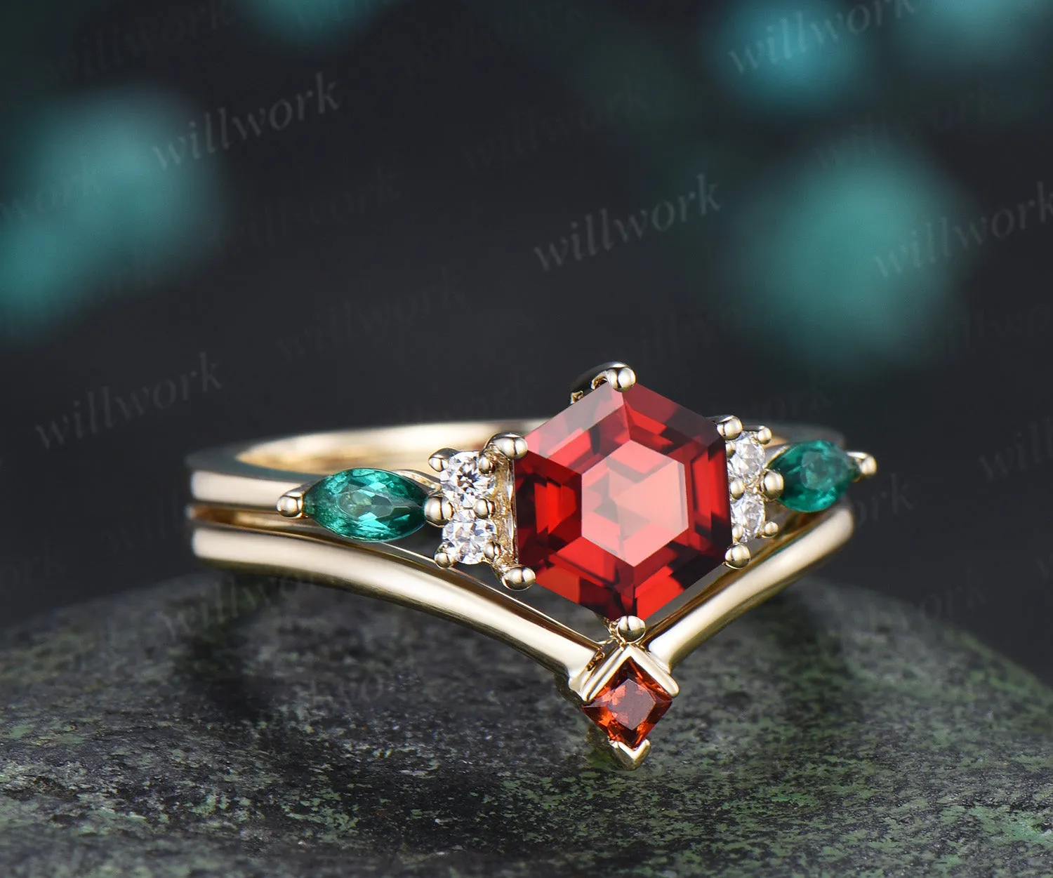 Hexagon cut ruby engagement ring set emerald moissanite seven stones ring minimalist princess cut ruby band bridal set sold by Willwork Jewelry product image thumbnail 5