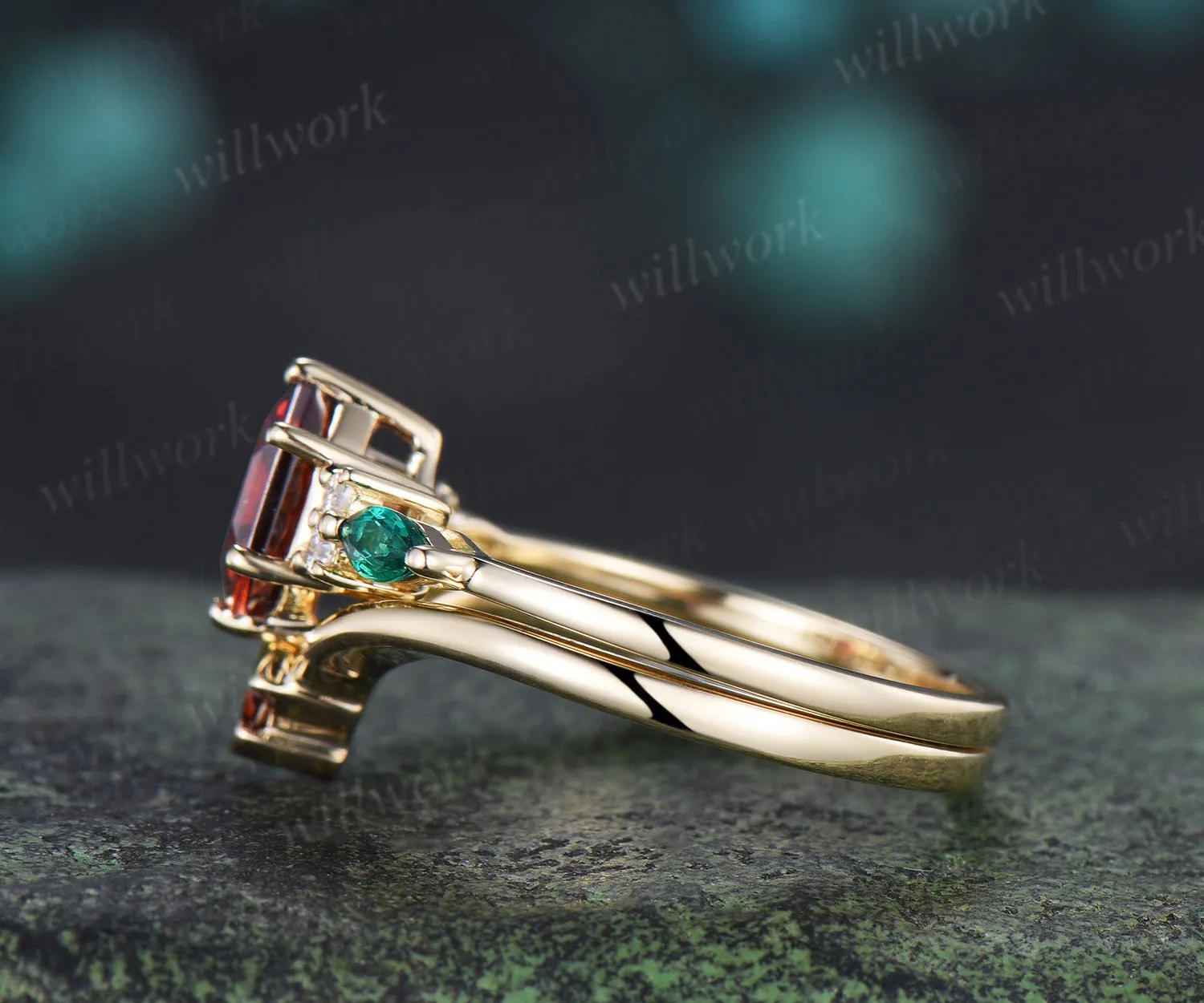 Hexagon cut ruby engagement ring set emerald moissanite seven stones ring minimalist princess cut ruby band bridal set sold by Willwork Jewelry product image thumbnail 3