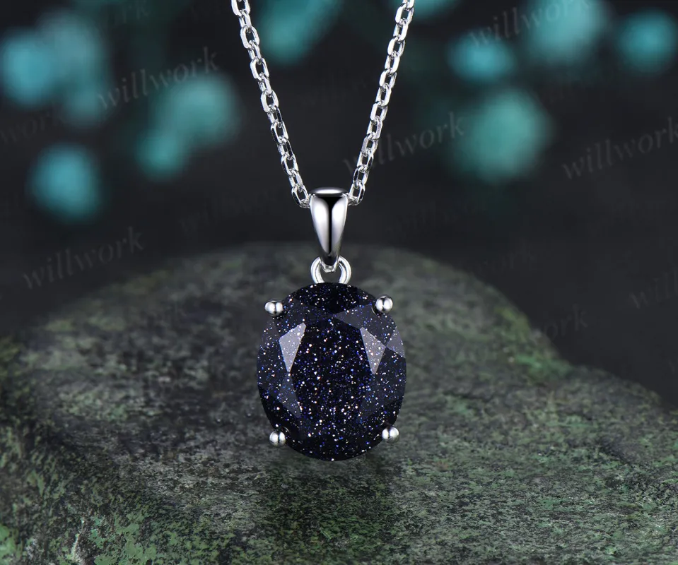 Unique 10x12mm oval cut blue sandstone pendant necklace solitaire Galaxy gemstone necklace gifts made by Willwork Jewelry