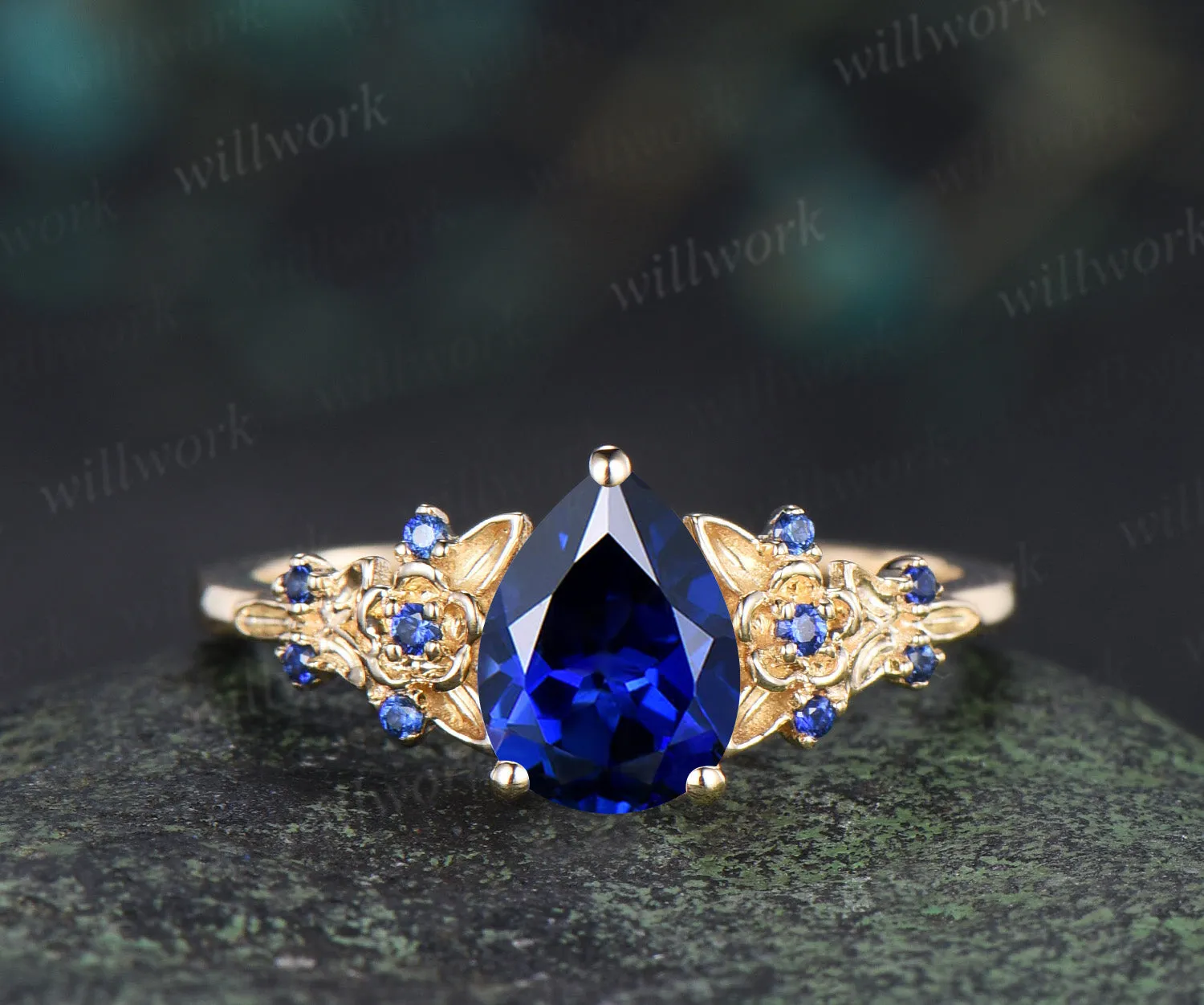 Pear cut sapphire engagement ring set leaf floral unique cluster ring matching wedding band nature inspired bridal set sold by Willwork Jewelry product image thumbnail 4