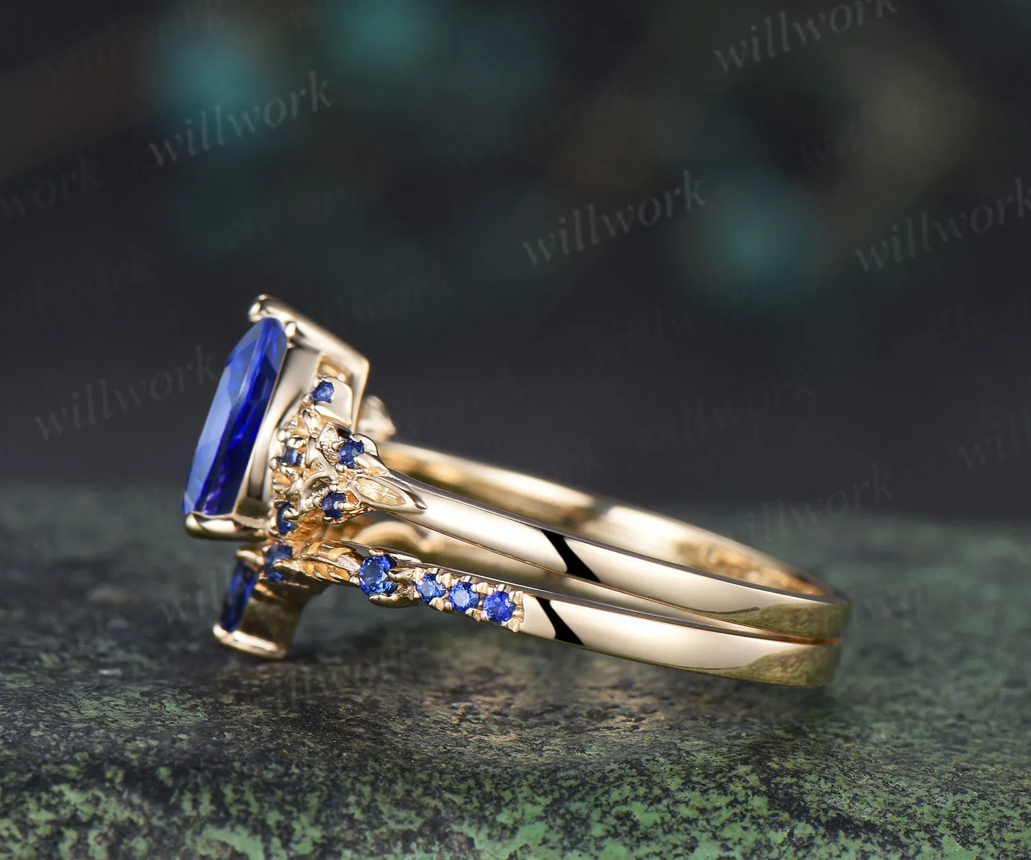 Pear cut sapphire engagement ring set leaf floral unique cluster ring matching wedding band nature inspired bridal set sold by Willwork Jewelry product image thumbnail 5