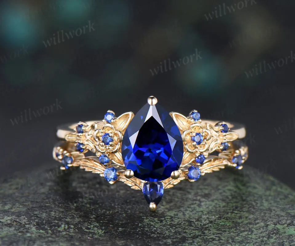 Pear cut sapphire engagement ring set leaf floral unique cluster ring matching wedding band nature inspired bridal set made by Willwork Jewelry