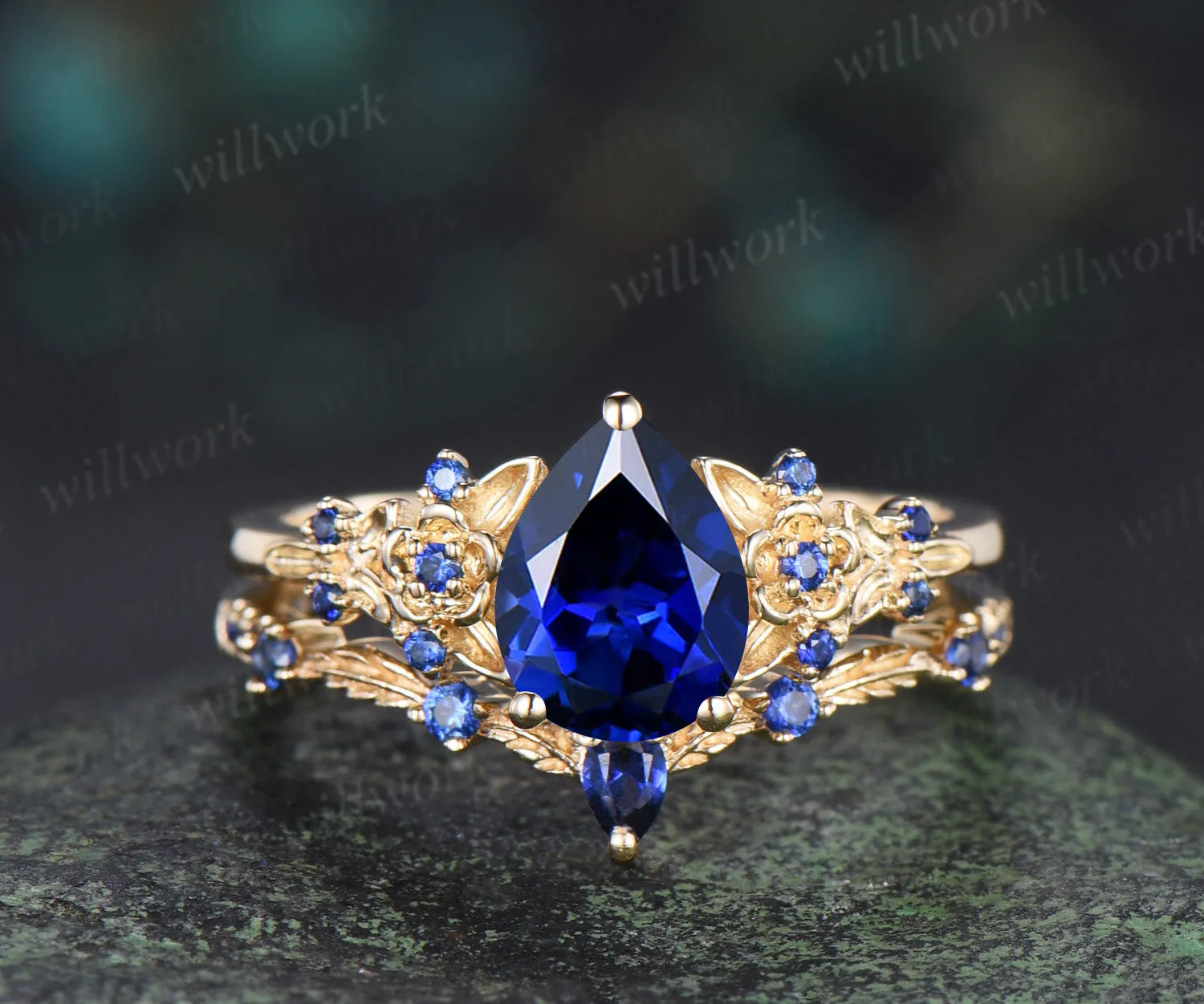 Pear cut sapphire engagement ring set leaf floral unique cluster ring matching wedding band nature inspired bridal set sold by Willwork Jewelry