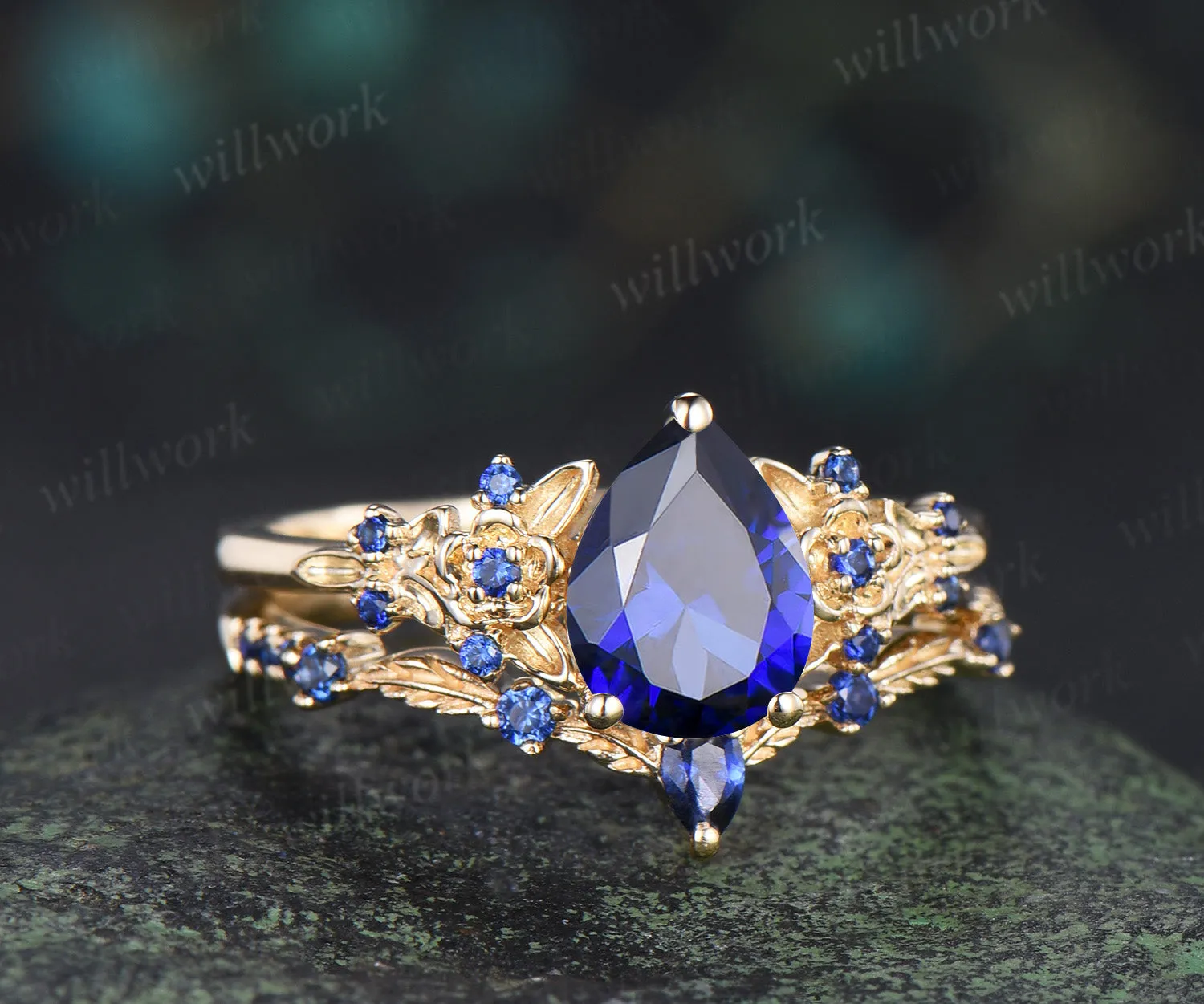Pear cut sapphire engagement ring set leaf floral unique cluster ring matching wedding band nature inspired bridal set sold by Willwork Jewelry product image thumbnail 3