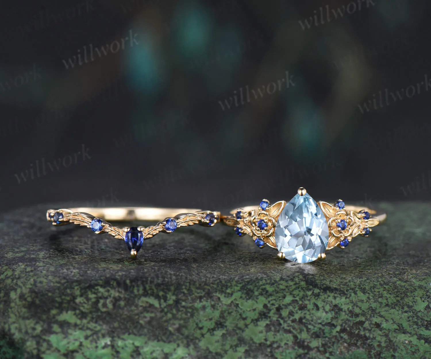 Vintage pear aquamarine engagement ring leaf flower sapphire ring unique cluster retro bridal wedding ring set sold by Willwork Jewelry product image thumbnail 4
