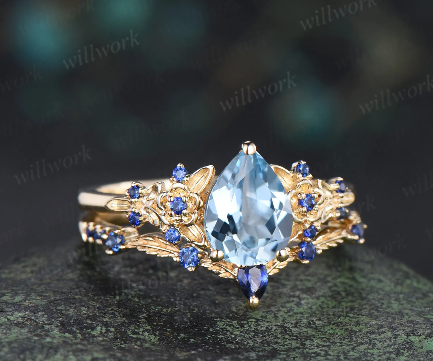 Vintage pear aquamarine engagement ring leaf flower sapphire ring unique cluster retro bridal wedding ring set sold by Willwork Jewelry product image thumbnail 3