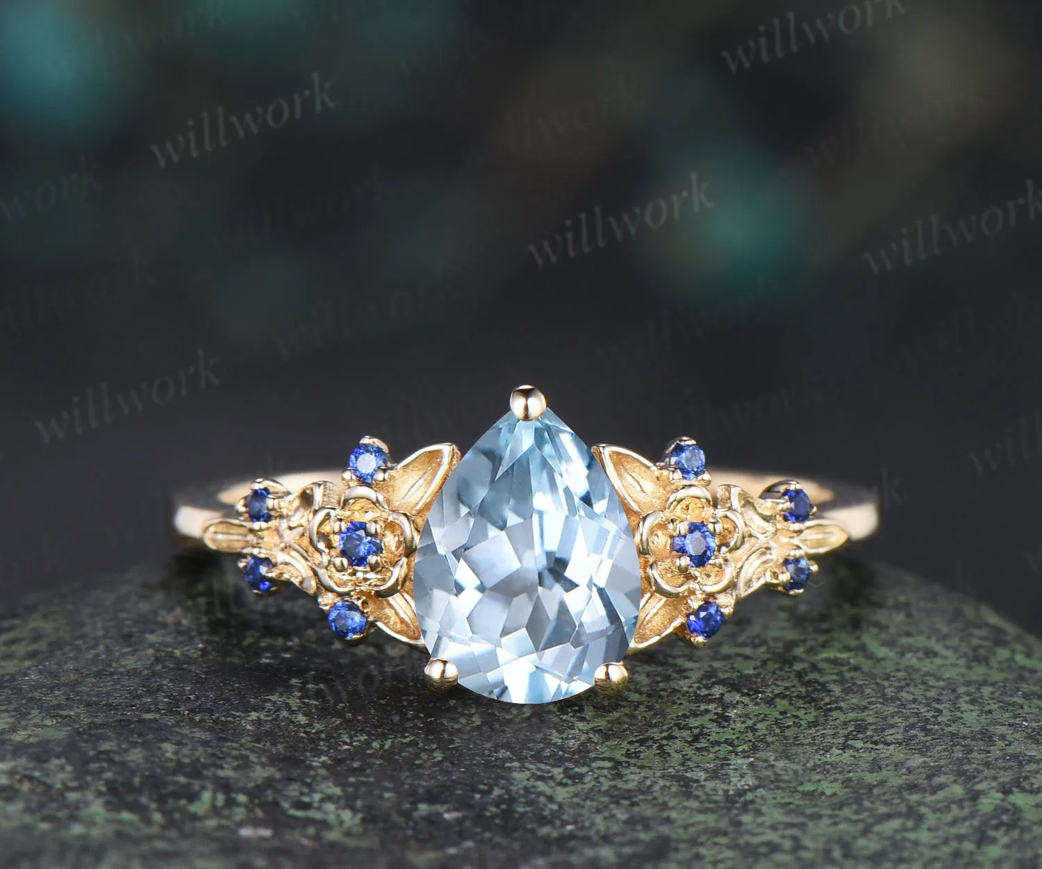 Vintage pear aquamarine engagement ring leaf flower sapphire ring unique cluster retro bridal wedding ring set sold by Willwork Jewelry product image thumbnail 5