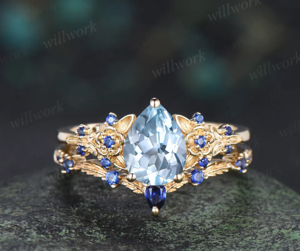 Vintage pear aquamarine engagement ring leaf flower sapphire ring unique cluster retro bridal wedding ring set made by Willwork Jewelry