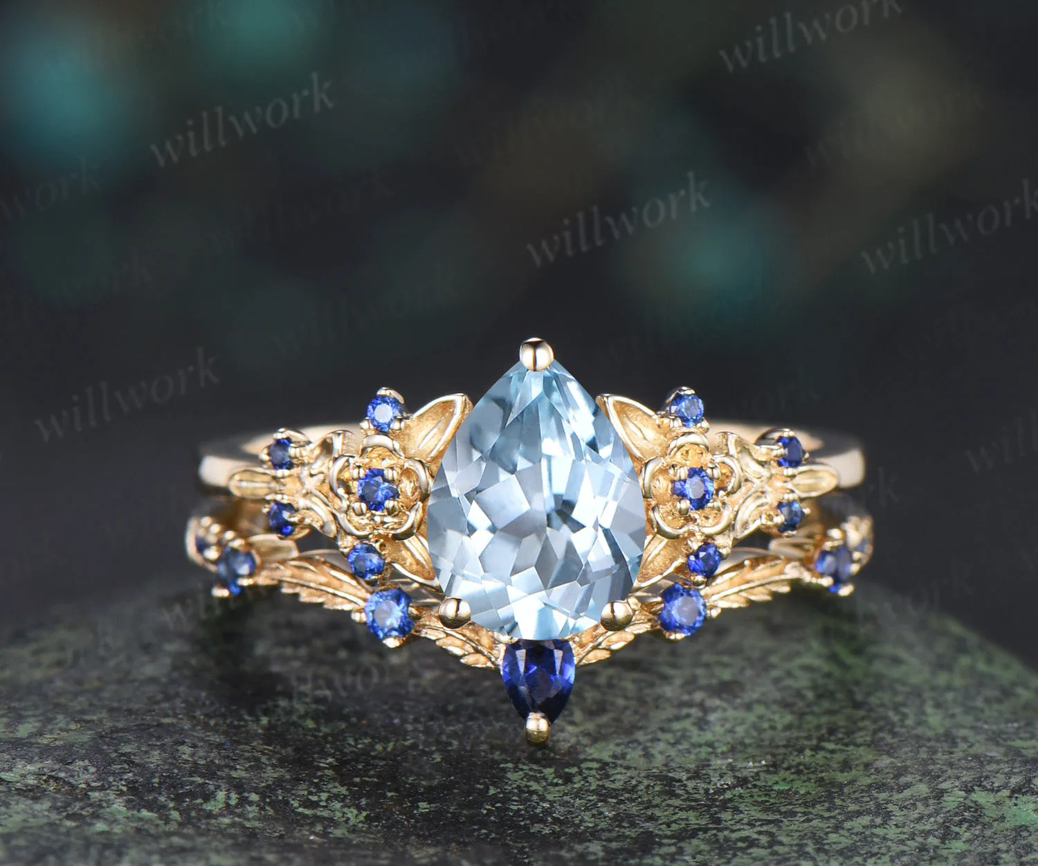 Vintage pear aquamarine engagement ring leaf flower sapphire ring unique cluster retro bridal wedding ring set sold by Willwork Jewelry