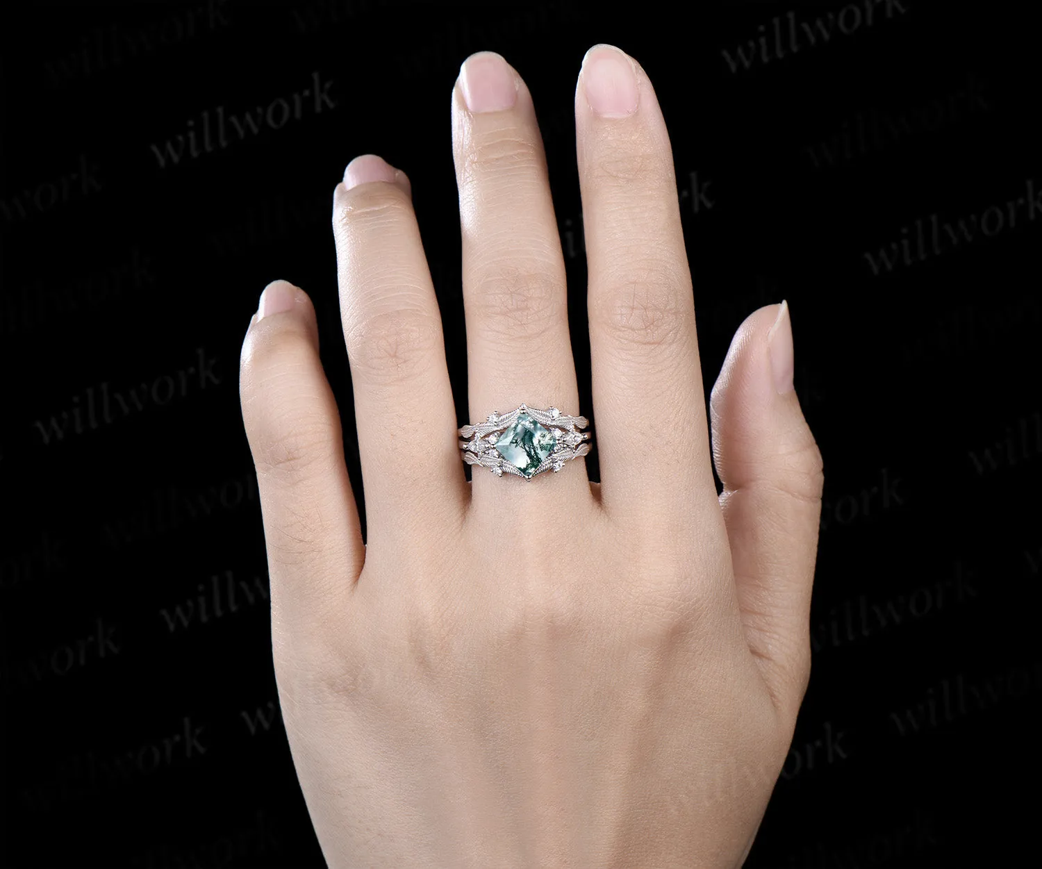 Princess cut natural moss agate engagement ring set moissanite accent leaf matching band unique bridal set sold by Willwork Jewelry product image thumbnail 2
