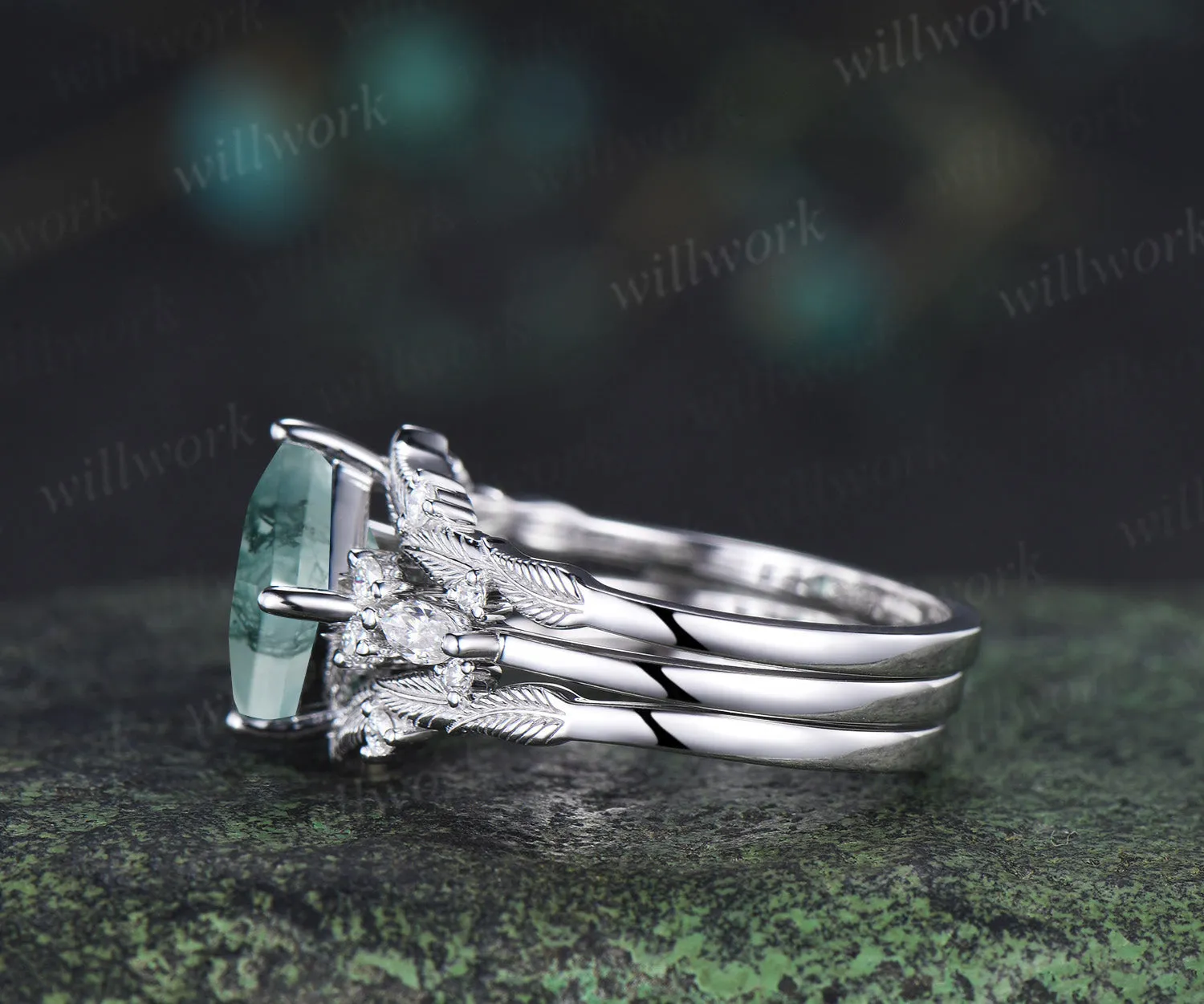 Princess cut natural moss agate engagement ring set moissanite accent leaf matching band unique bridal set sold by Willwork Jewelry product image thumbnail 4