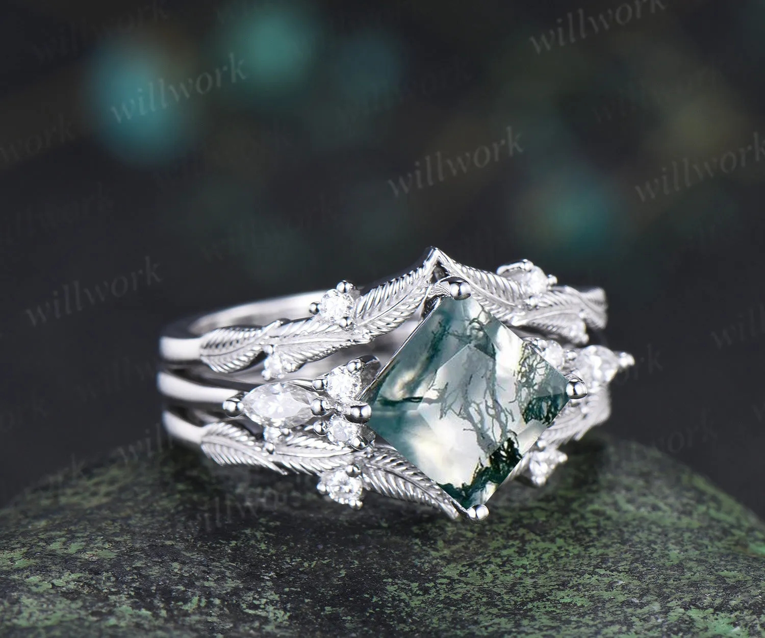 Princess cut natural moss agate engagement ring set moissanite accent leaf matching band unique bridal set sold by Willwork Jewelry product image thumbnail 3