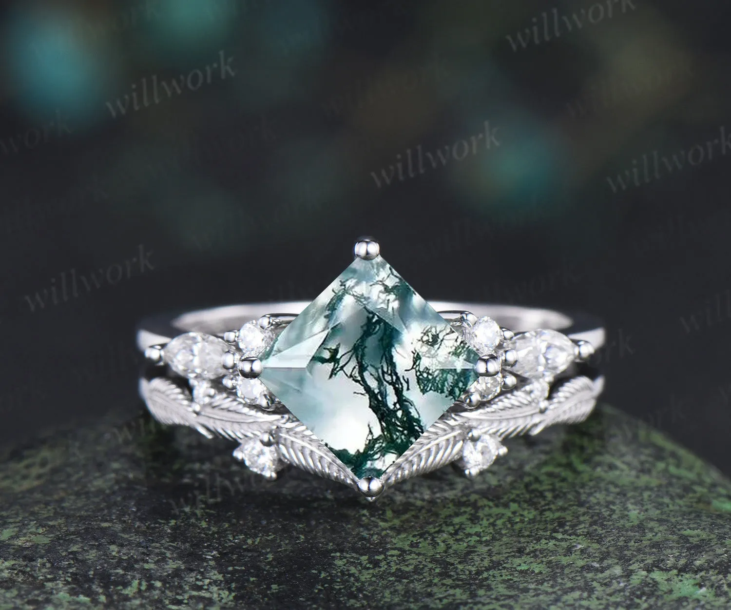 Princess cut natural moss agate engagement ring set moissanite accent leaf matching band unique bridal set sold by Willwork Jewelry product image thumbnail 5