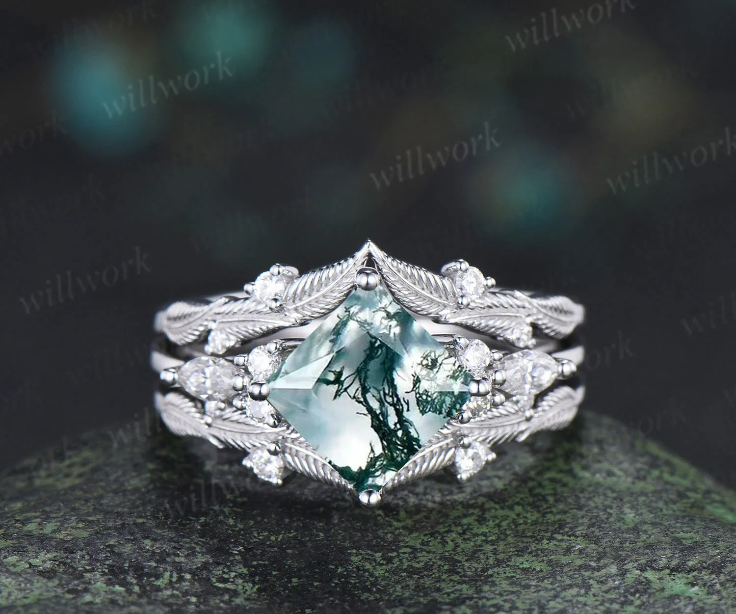 Princess cut natural moss agate engagement ring set moissanite accent leaf matching band unique bridal set sold by Willwork Jewelry