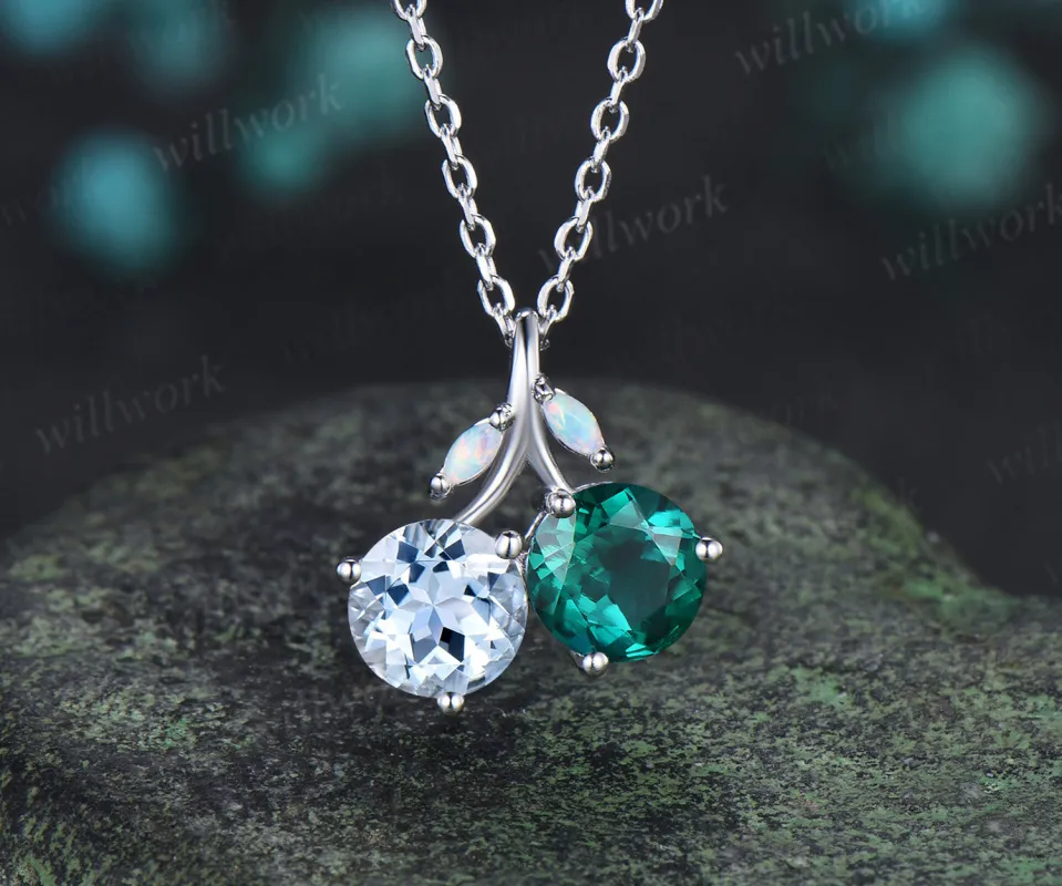 Round aquamarine emerald toi et moi pendant necklace opal accent gemstone jewelry sold by Willwork Jewelry