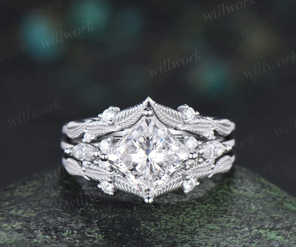 Vintage princess cut Lab grown diamond engagement ring set diamond accent leaf matching ring bridal set sold by Willwork Jewelry