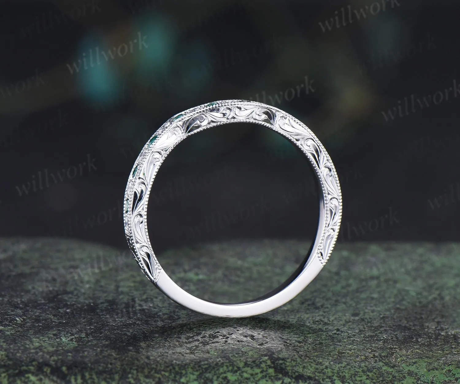 Moss agate diamond wedding band Filigree milgrain carve handmade half eternity bridal ring fine jewelry sold by Willwork Jewelry product image thumbnail 5
