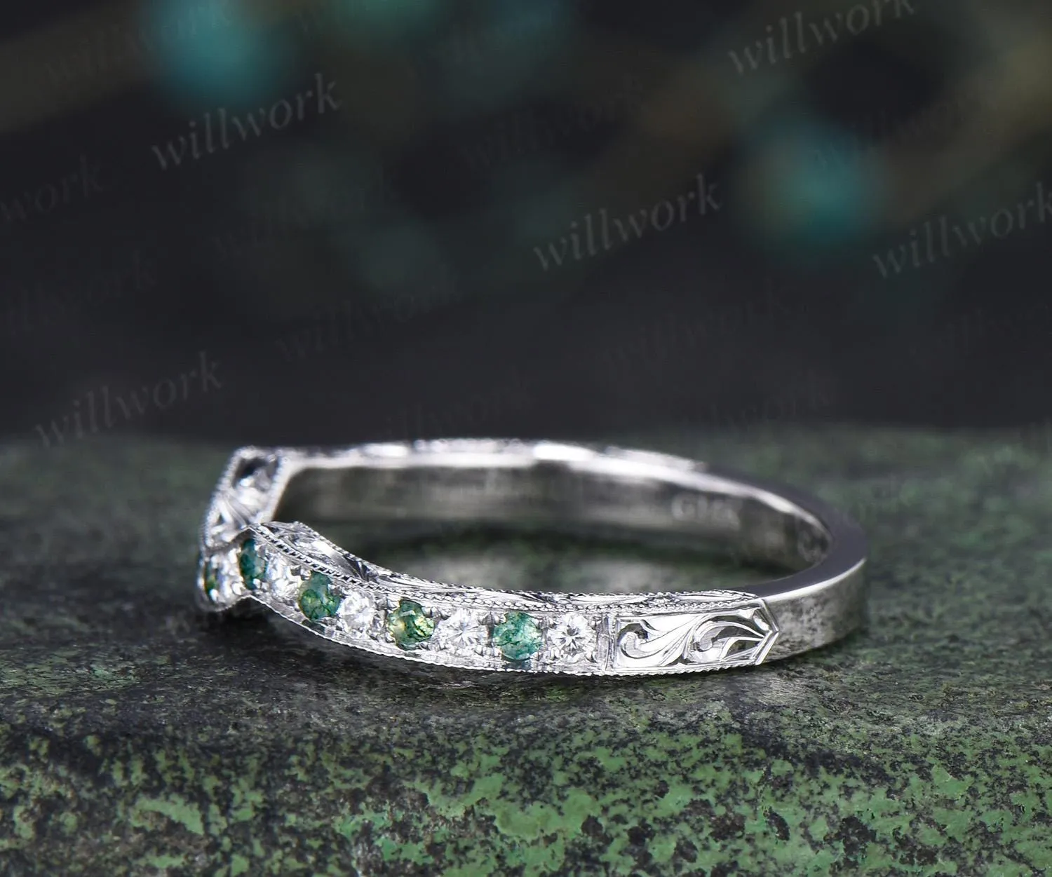 Moss agate diamond wedding band Filigree milgrain carve handmade half eternity bridal ring fine jewelry sold by Willwork Jewelry product image thumbnail 2