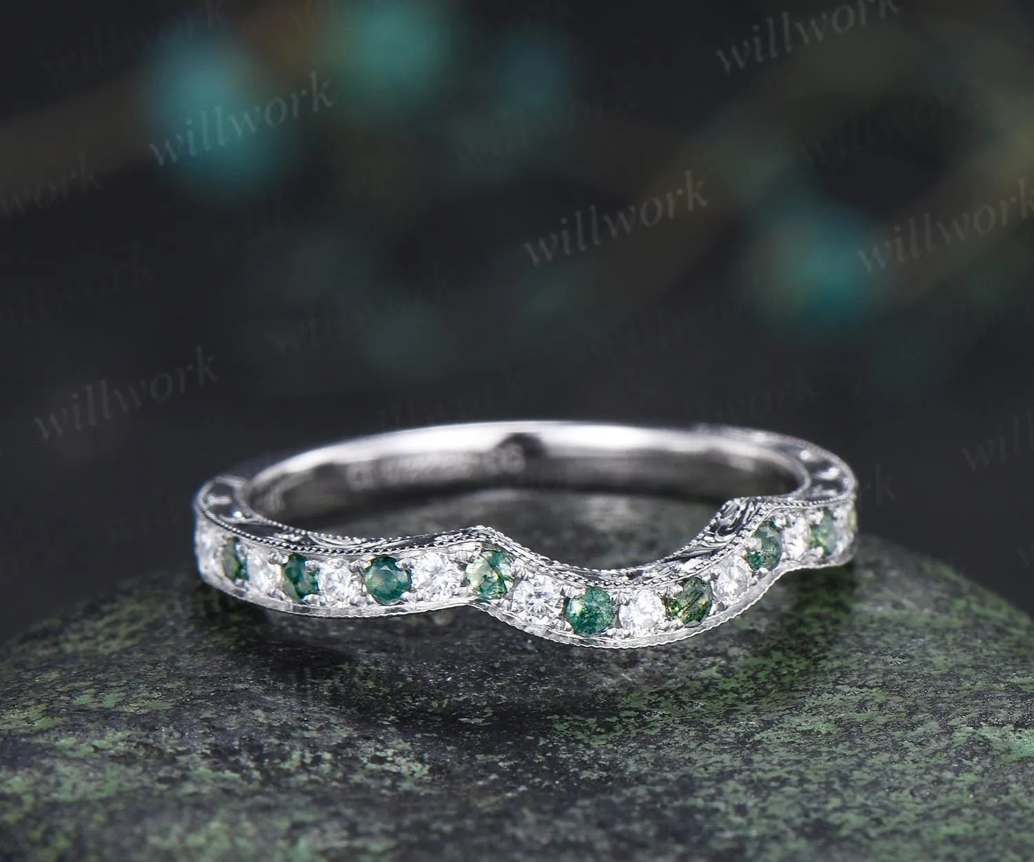 Moss agate diamond wedding band Filigree milgrain carve handmade half eternity bridal ring fine jewelry sold by Willwork Jewelry product image thumbnail 3