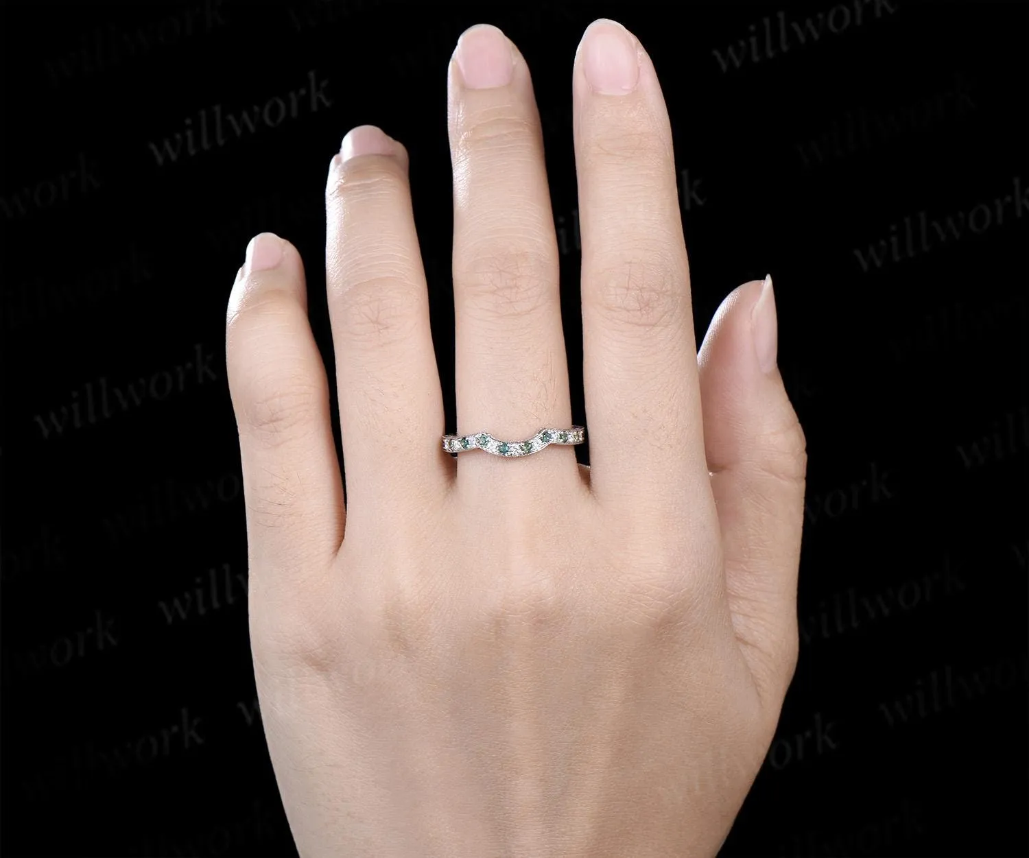 Moss agate diamond wedding band Filigree milgrain carve handmade half eternity bridal ring fine jewelry sold by Willwork Jewelry product image thumbnail 4