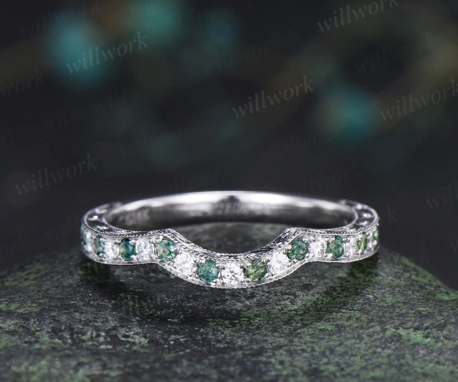 Moss agate diamond wedding band Filigree milgrain carve handmade half eternity bridal ring fine jewelry sold by Willwork Jewelry