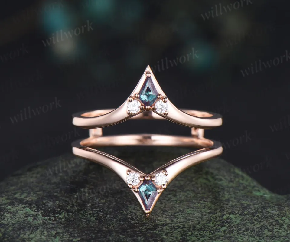 Kite cut alexandrite wedding band enhancer wraps moissanite Double V curved stacking band bridal ring women sold by Willwork Jewelry