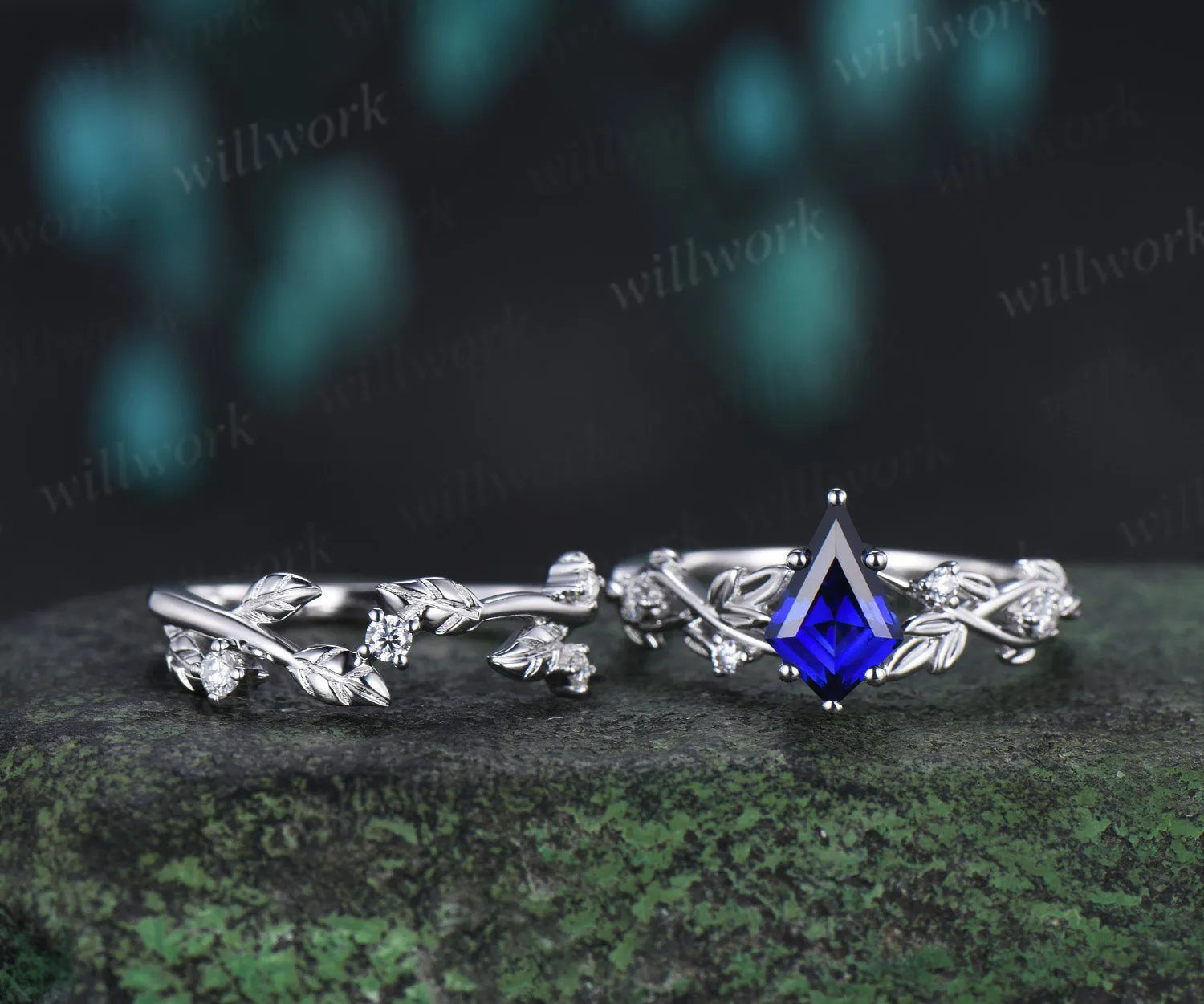 Vintage kite cut sapphire ring set twig leaf accent diamond ring leaf matching band unique bridal set sold by Willwork Jewelry product image thumbnail 4