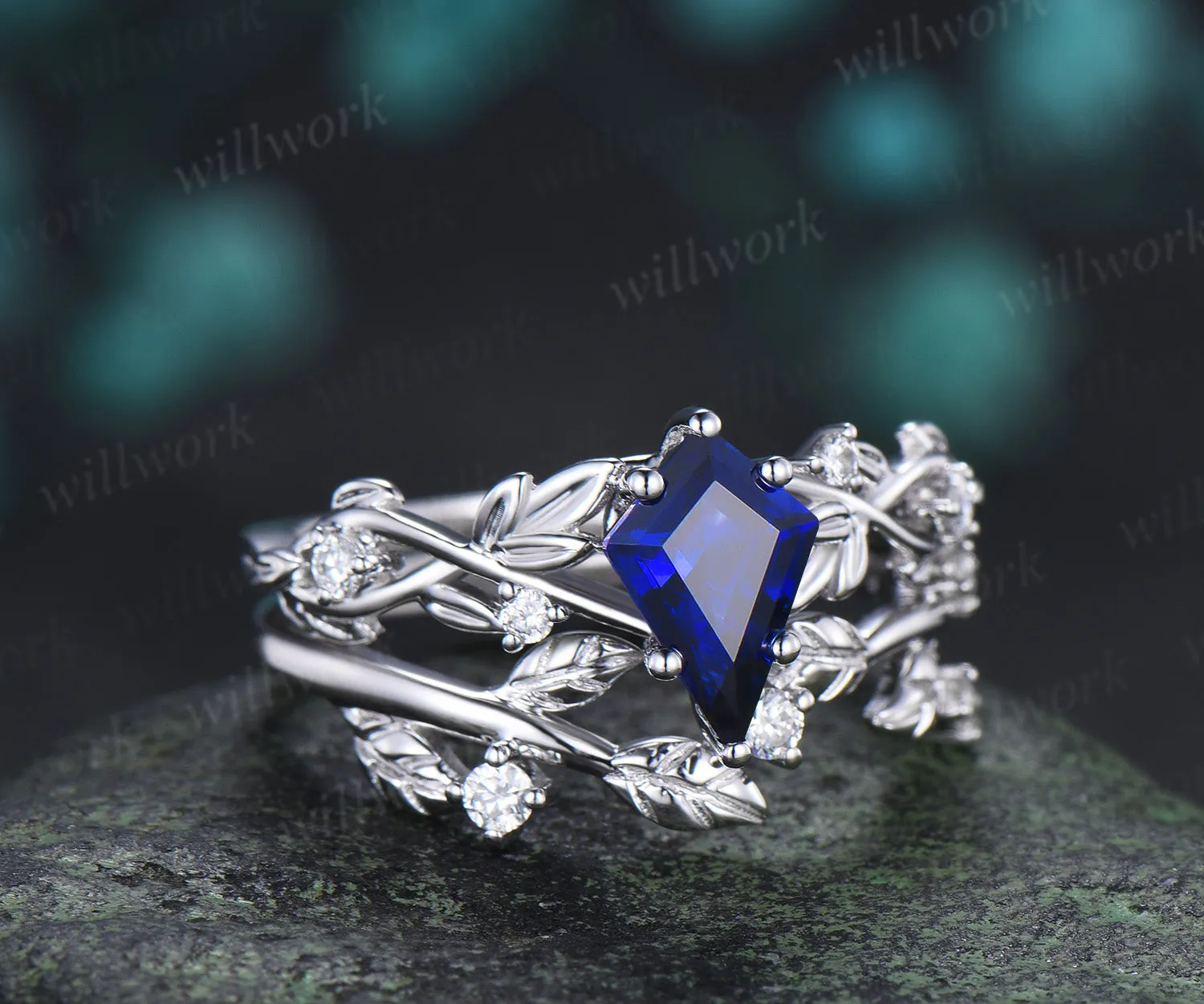 Vintage kite cut sapphire ring set twig leaf accent diamond ring leaf matching band unique bridal set sold by Willwork Jewelry product image thumbnail 3
