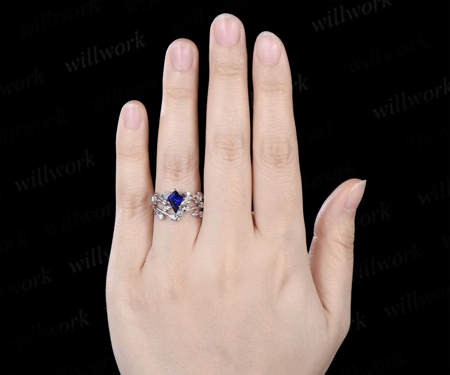 Vintage kite cut sapphire ring set twig leaf accent diamond ring leaf matching band unique bridal set sold by Willwork Jewelry product image thumbnail 5