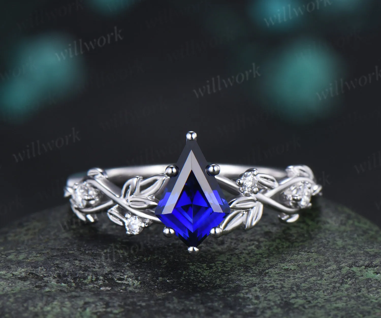 Vintage kite cut sapphire ring set twig leaf accent diamond ring leaf matching band unique bridal set sold by Willwork Jewelry product image thumbnail 2