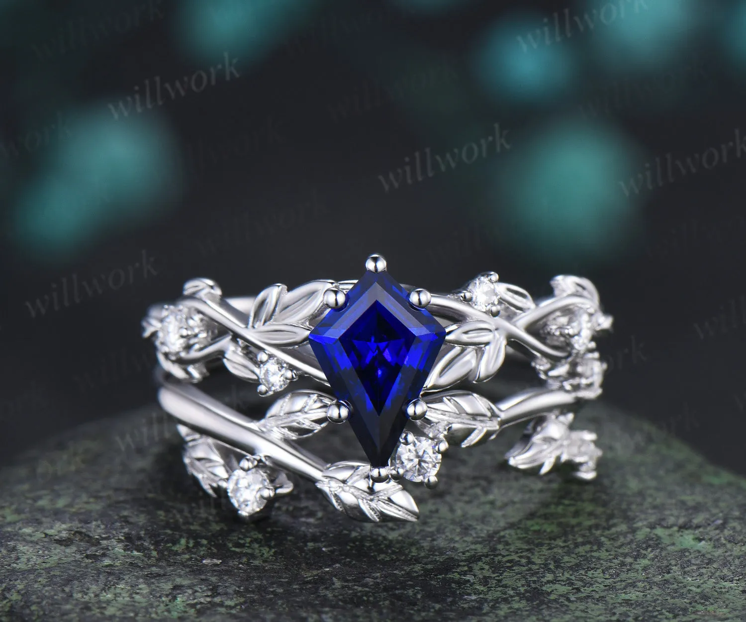 Vintage kite cut sapphire ring set twig leaf accent diamond ring leaf matching band unique bridal set sold by Willwork Jewelry