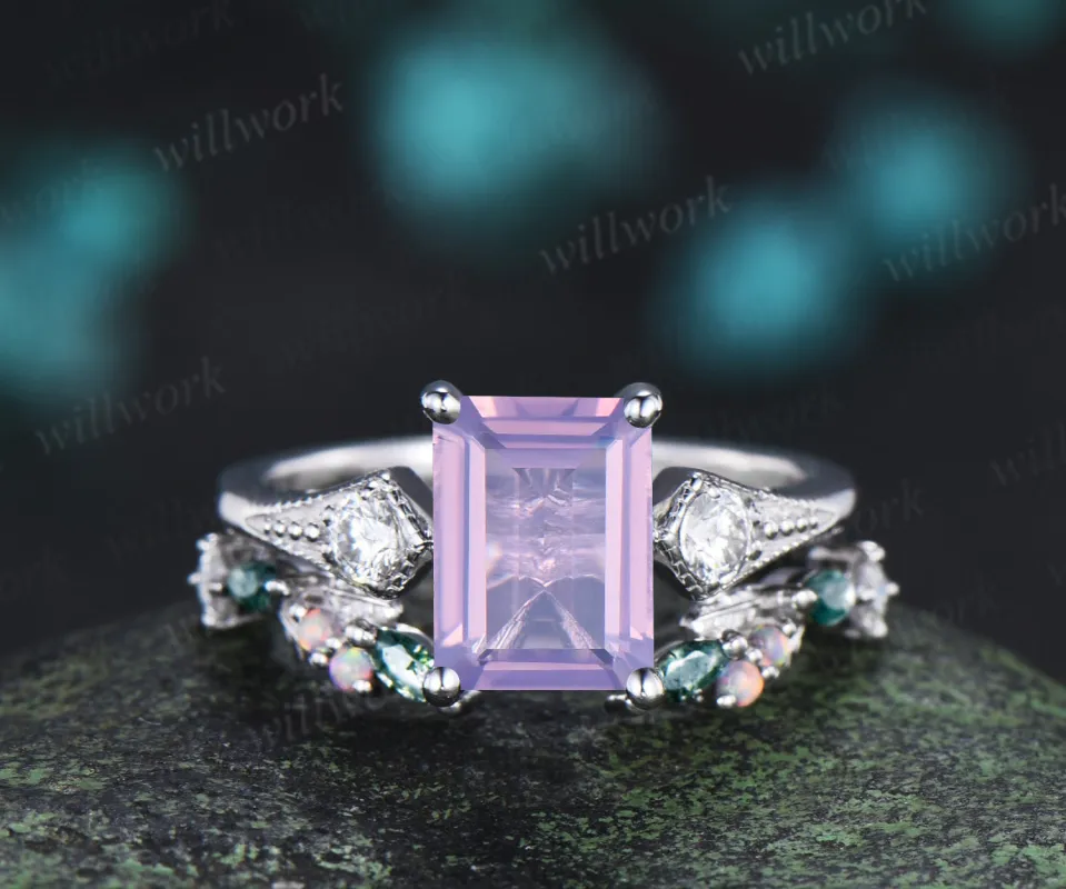 Emerald cut Lavender amethyst ring set milgrain moissanite three stone ring moss agate leaf open gap wedding band bridal set sold by Willwork Jewelry