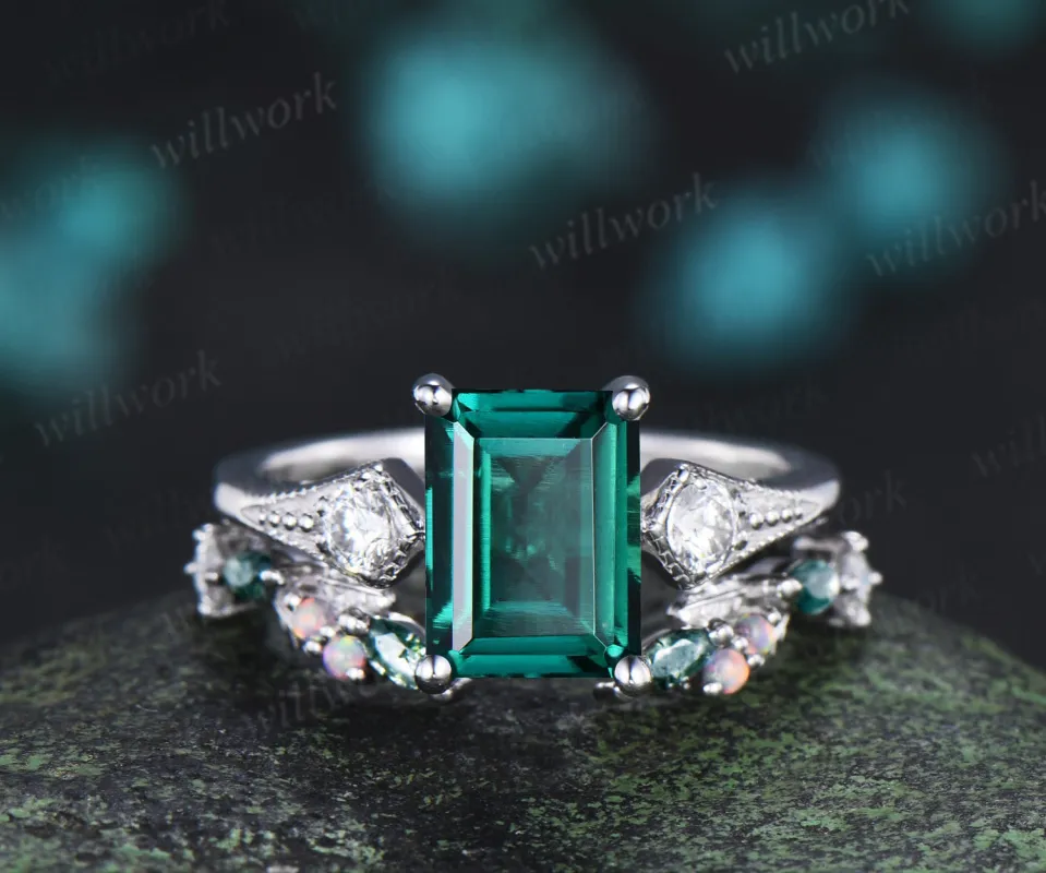 Emerald cut emerald ring set milgrain moissanite three stone ring marquise moss agate leaf open gap wedding band sold by Willwork Jewelry