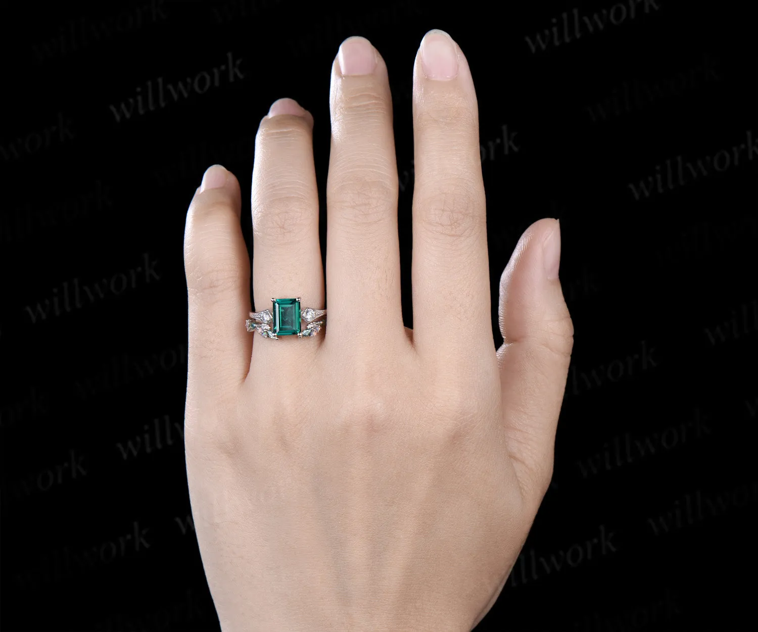 Emerald cut emerald ring set milgrain moissanite three stone ring marquise moss agate leaf open gap wedding band sold by Willwork Jewelry product image thumbnail 2