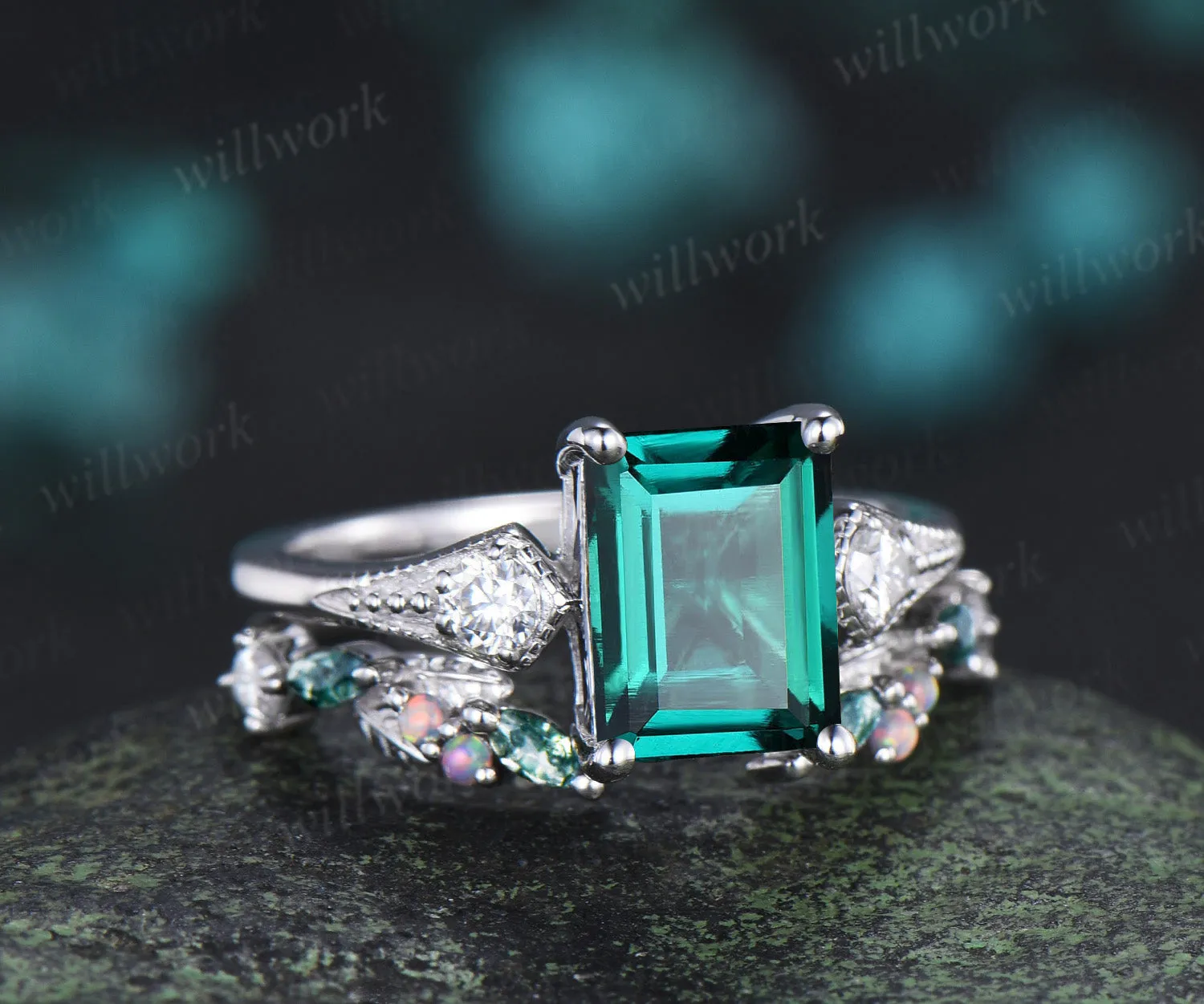 Emerald cut emerald ring set milgrain moissanite three stone ring marquise moss agate leaf open gap wedding band sold by Willwork Jewelry product image thumbnail 5