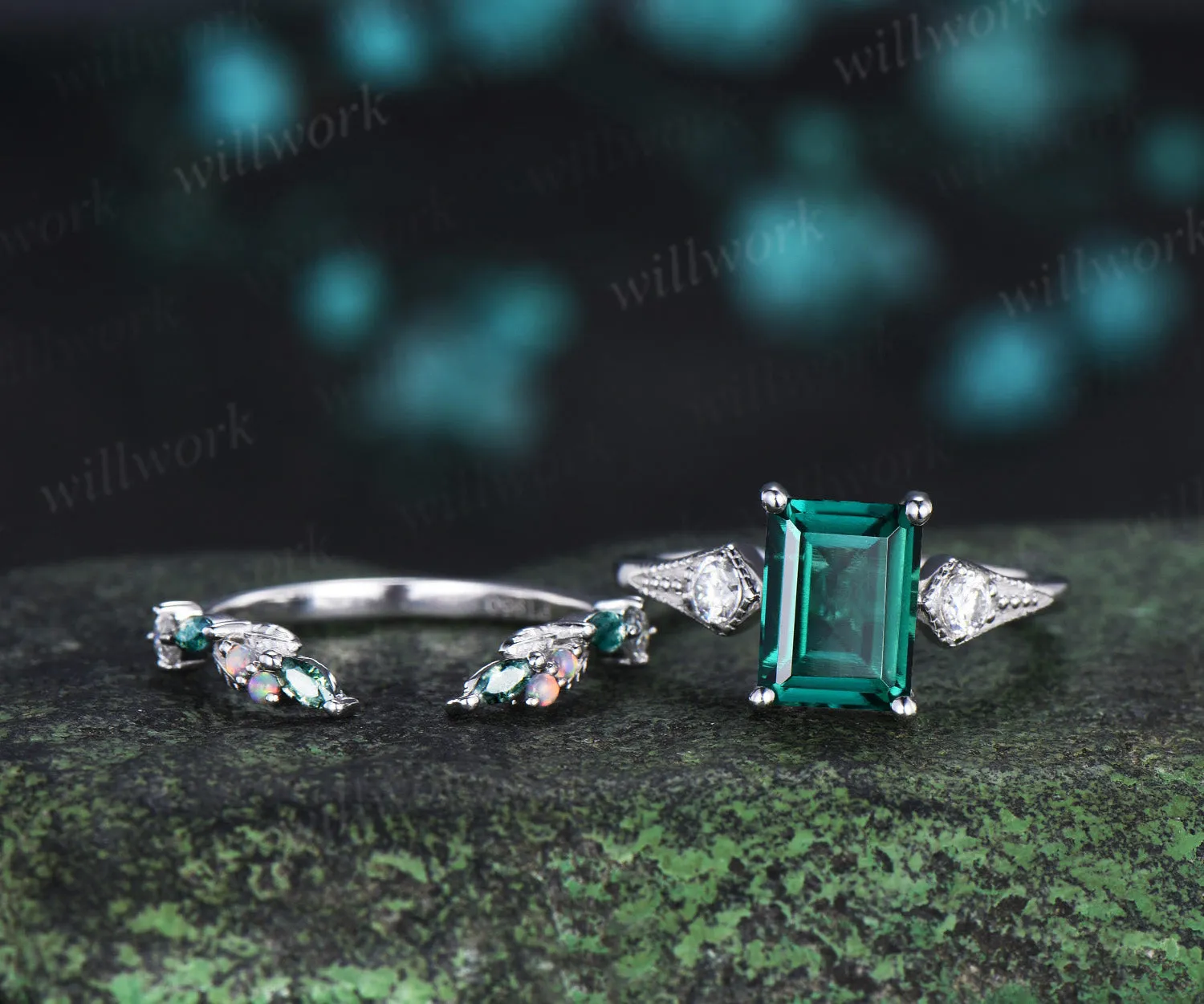 Emerald cut emerald ring set milgrain moissanite three stone ring marquise moss agate leaf open gap wedding band sold by Willwork Jewelry product image thumbnail 3