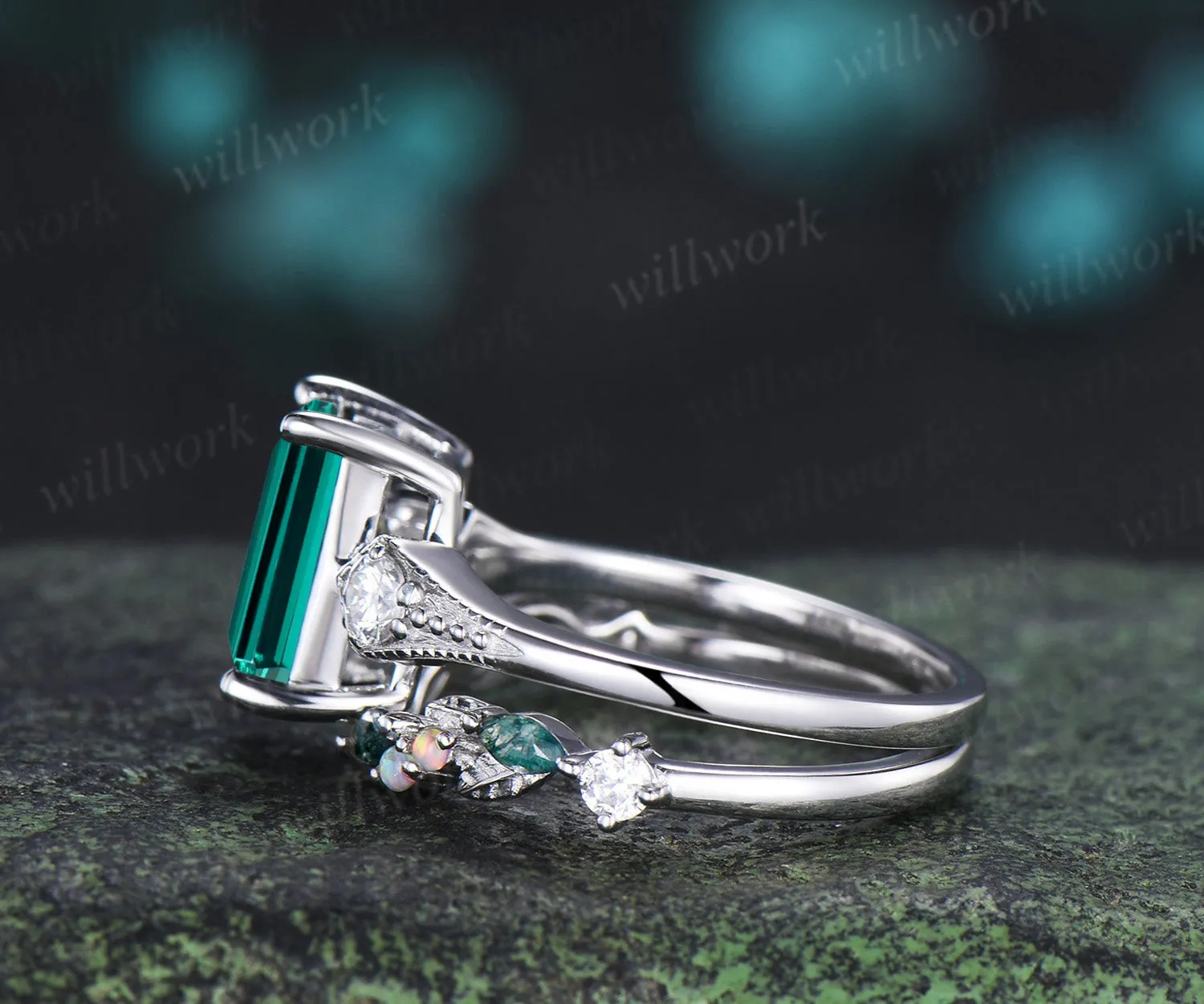 Emerald cut emerald ring set milgrain moissanite three stone ring marquise moss agate leaf open gap wedding band sold by Willwork Jewelry product image thumbnail 4