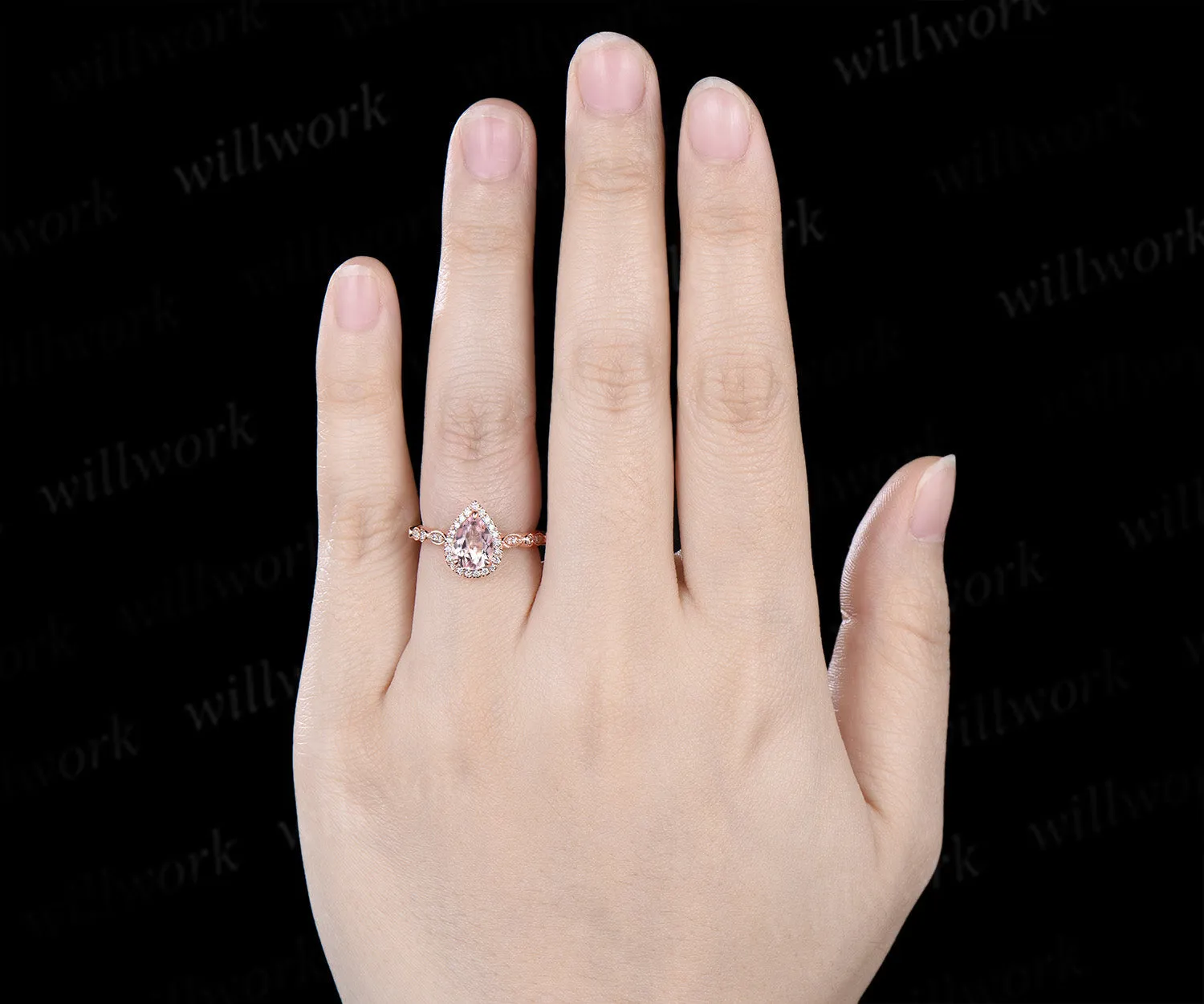 Vintage pear cut pink morganite engagement ring set diamond halo half eternity promise ring milgrain wedding band bridal set sold by Willwork Jewelry product image thumbnail 2