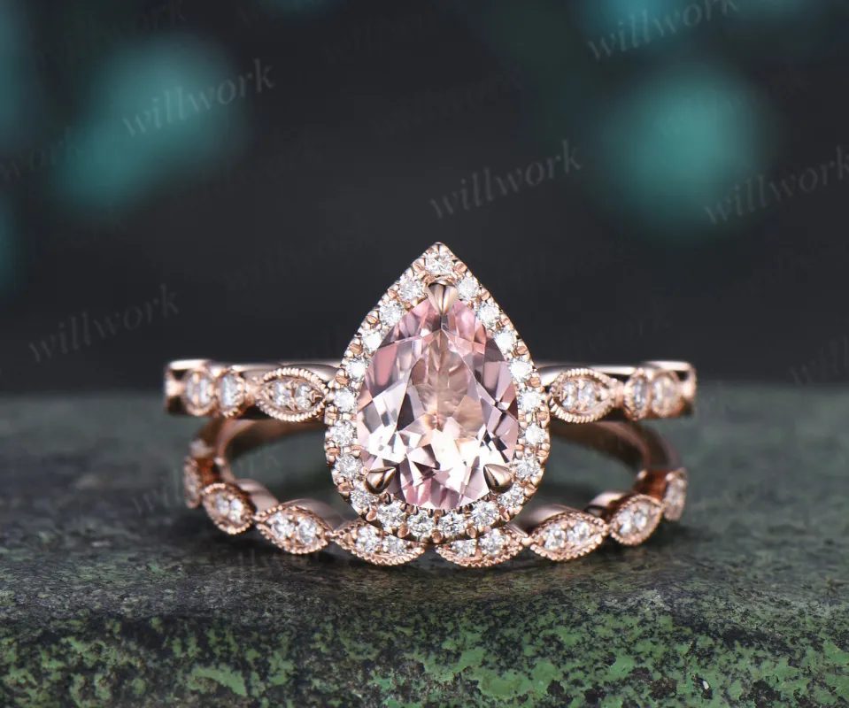 Vintage pear cut pink morganite engagement ring set diamond halo half eternity promise ring  milgrain wedding band bridal set made by Willwork Jewelry