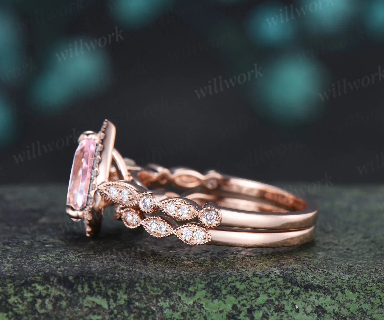 Vintage pear cut pink morganite engagement ring set diamond halo half eternity promise ring milgrain wedding band bridal set sold by Willwork Jewelry product image thumbnail 4