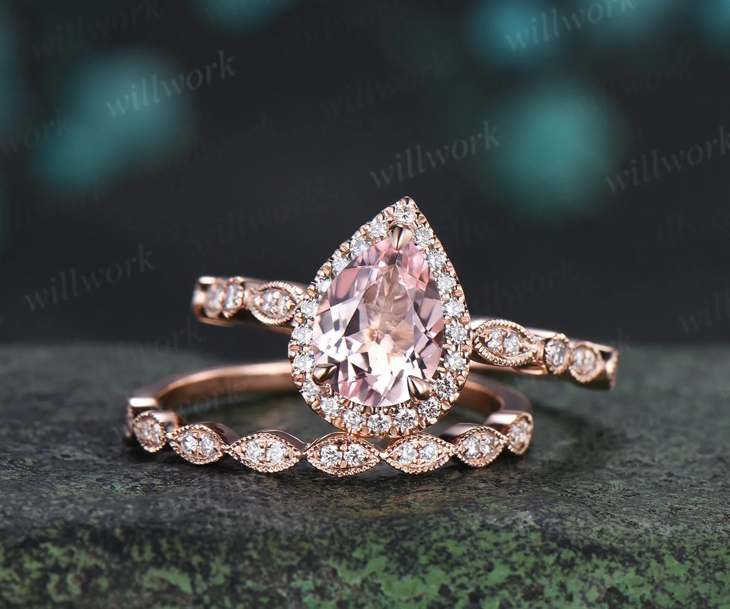 Vintage pear cut pink morganite engagement ring set diamond halo half eternity promise ring milgrain wedding band bridal set sold by Willwork Jewelry product image thumbnail 3