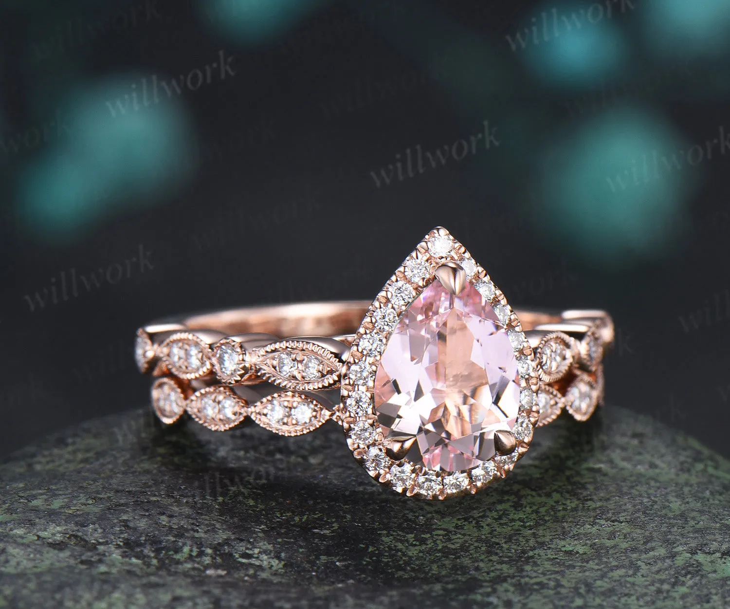 Vintage pear cut pink morganite engagement ring set diamond halo half eternity promise ring milgrain wedding band bridal set sold by Willwork Jewelry product image thumbnail 5