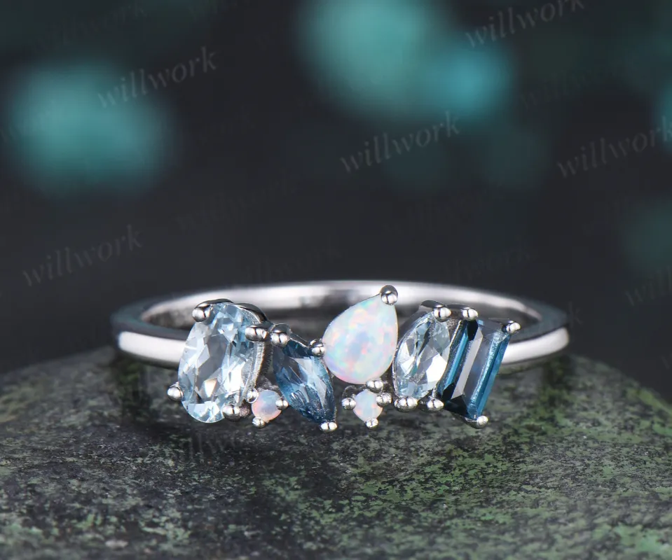 Oval aquamarine baguette London blue topaz opal wedding band geometric gemstone cluster multi-stone minimalist ring made by Willwork Jewelry